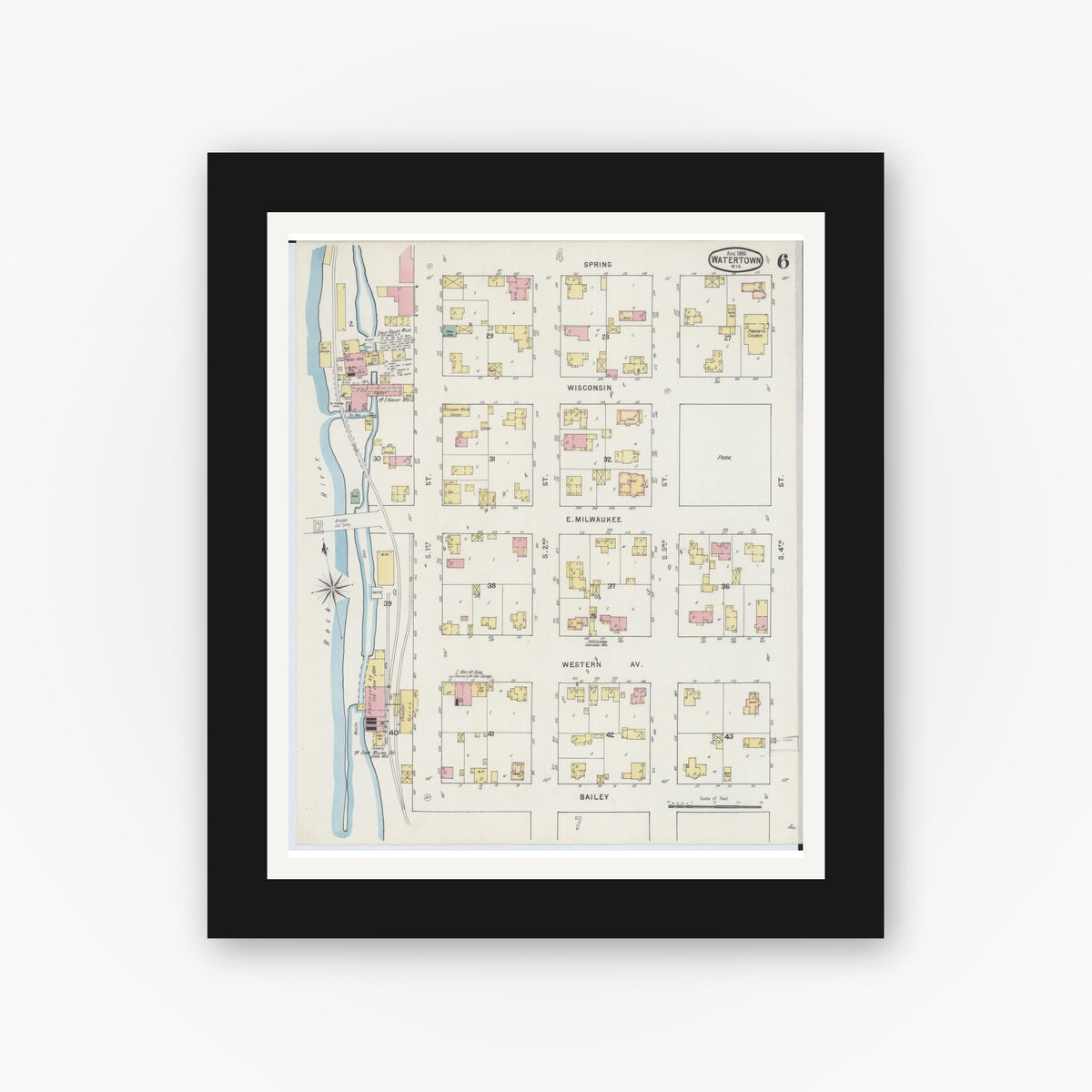 Old map wall art mockup — black gallery frame with white mat — Sanborn Fire Insurance Map from Watertown, Jefferson County, Wisconsin (1895), Sheet #0006