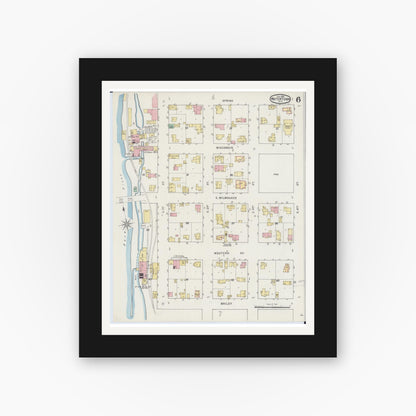 Old map wall art mockup — black gallery frame with white mat — Sanborn Fire Insurance Map from Watertown, Jefferson County, Wisconsin (1895), Sheet #0006