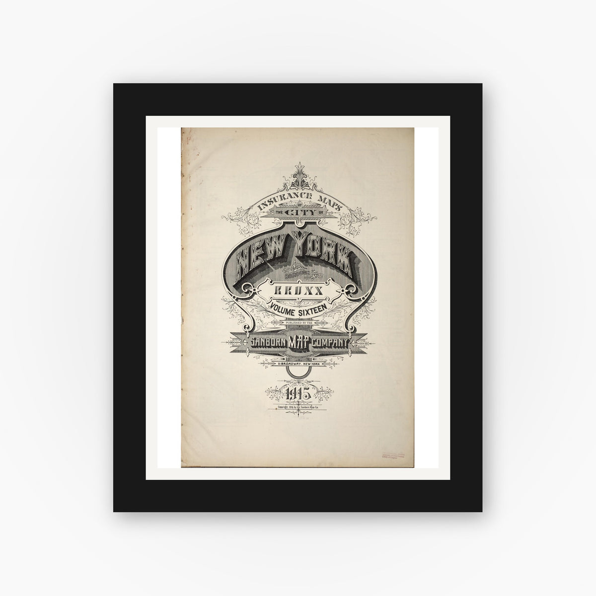 Old map wall art mockup — black gallery frame with white mat — Sanborn Fire Insurance Map from New York, Bronx, Manhattan, New York (1915), Sheet #0001