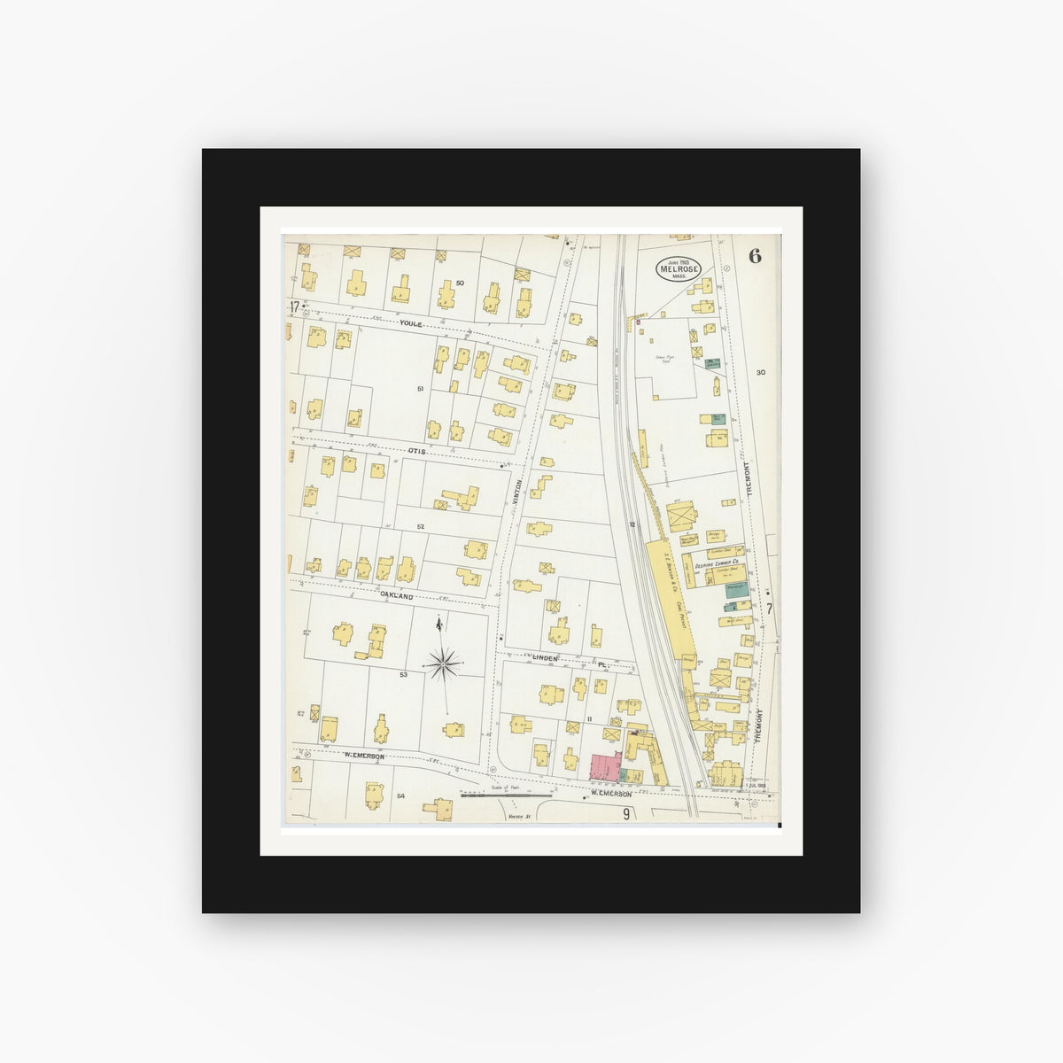 Old map wall art mockup — black gallery frame with white mat — Sanborn Fire Insurance Map from Melrose, Middlesex County, Massachusetts (1903), Sheet #0006
