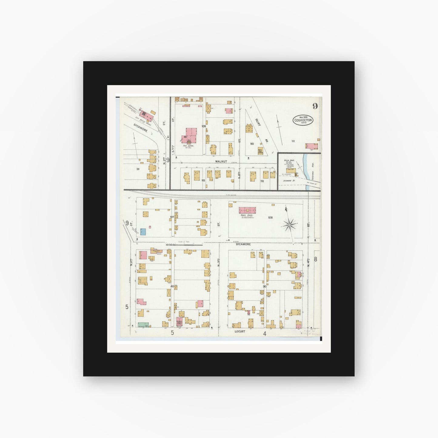 Old map wall art mockup — black gallery frame with white mat — Sanborn Fire Insurance Map from Coshocton, Coshocton County, Ohio (1899), Sheet #0009