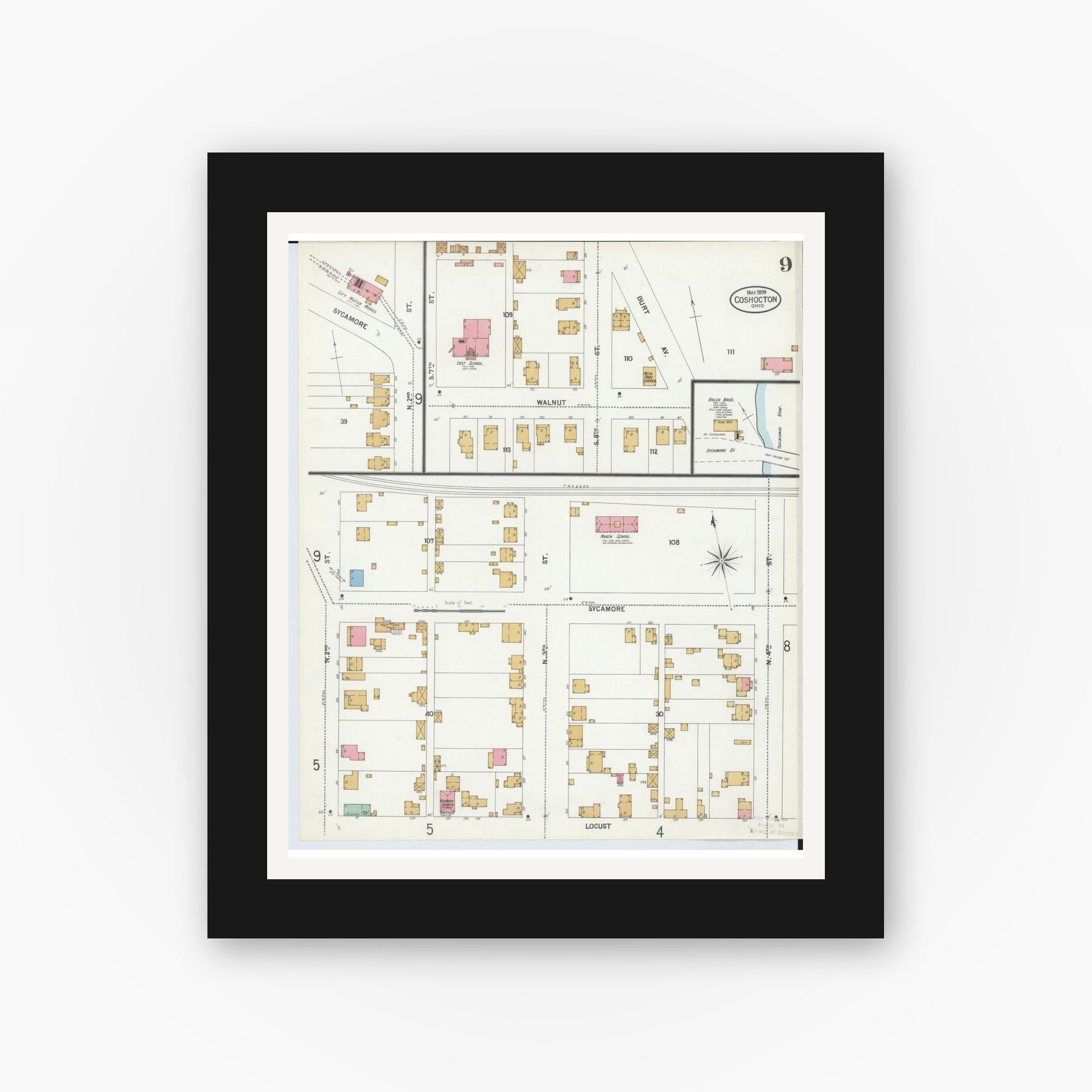 Old map wall art mockup — black gallery frame with white mat — Sanborn Fire Insurance Map from Coshocton, Coshocton County, Ohio (1899), Sheet #0009