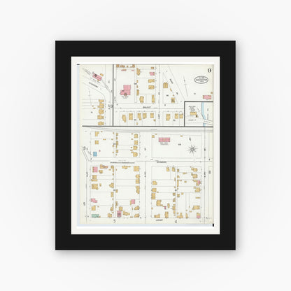 Old map wall art mockup — black gallery frame with white mat — Sanborn Fire Insurance Map from Coshocton, Coshocton County, Ohio (1899), Sheet #0009