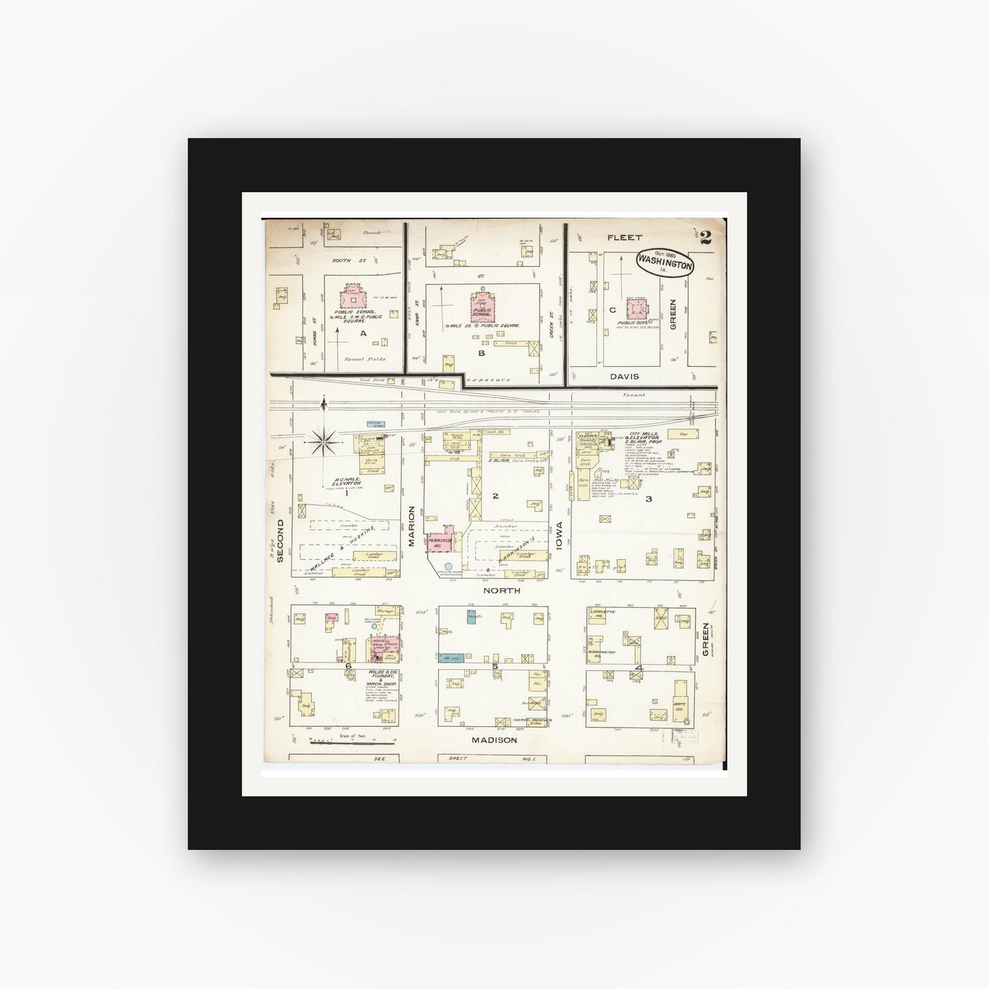 Old map wall art mockup — black gallery frame with white mat — Sanborn Fire Insurance Map from Washington, Washington County, Iowa (1885), Sheet #0002