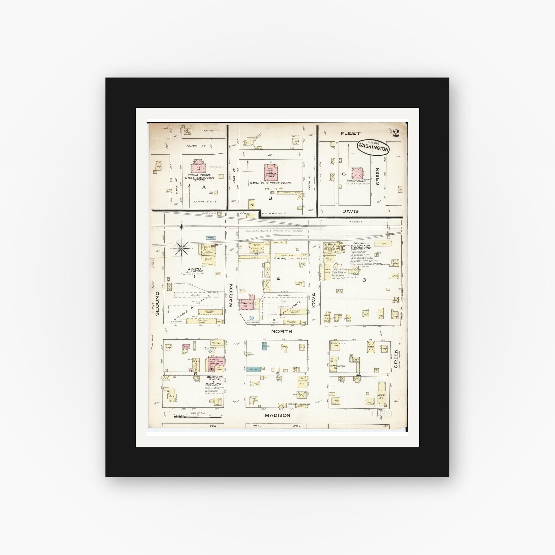 Old map wall art mockup — black gallery frame with white mat — Sanborn Fire Insurance Map from Washington, Washington County, Iowa (1885), Sheet #0002