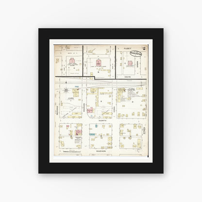Old map wall art mockup — black gallery frame with white mat — Sanborn Fire Insurance Map from Washington, Washington County, Iowa (1885), Sheet #0002