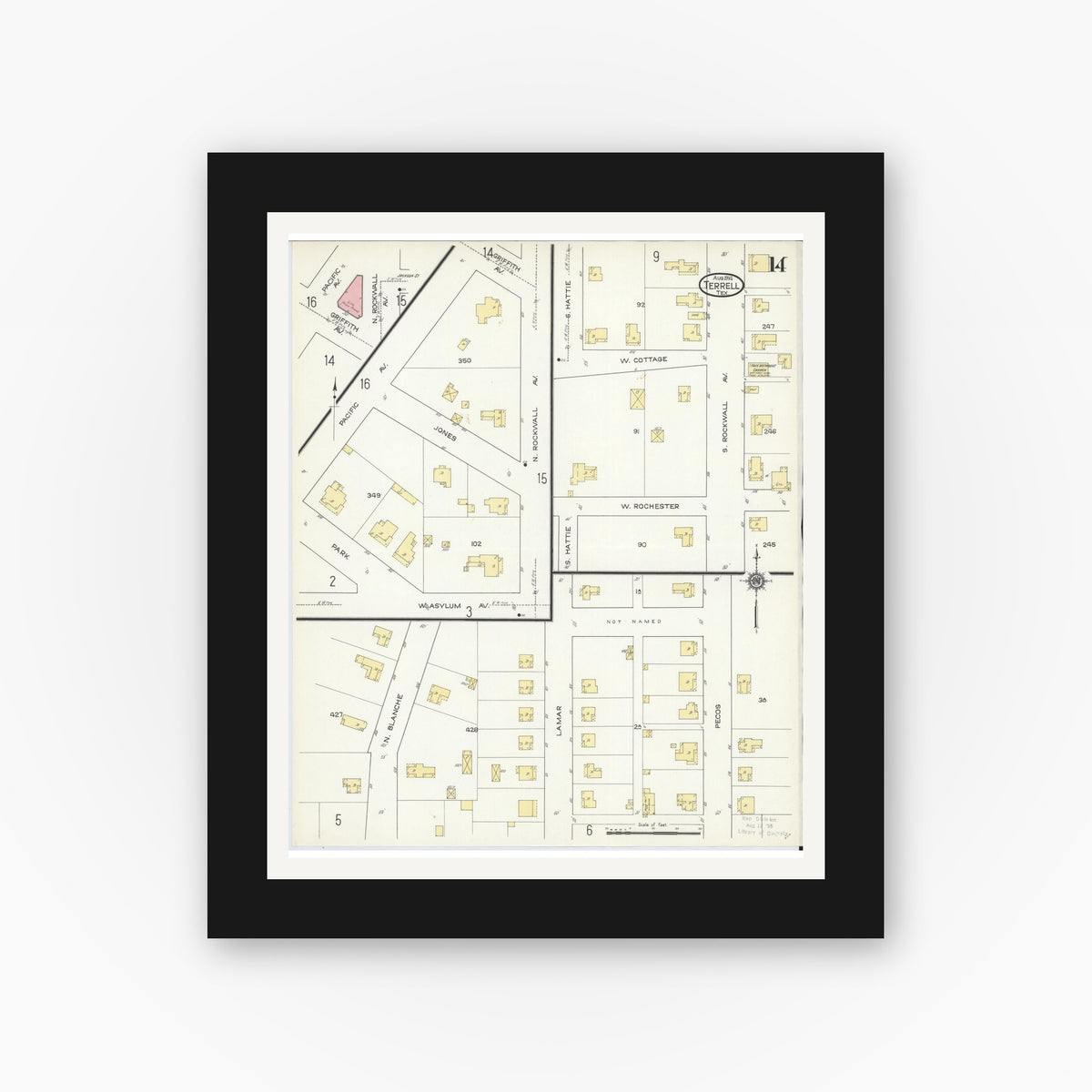 Old map wall art mockup — black gallery frame with white mat — Sanborn Fire Insurance Map from Terrell, Kaufman County, Texas (1914), Sheet #0014