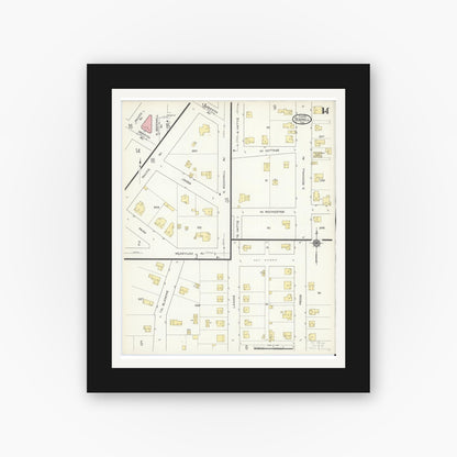 Old map wall art mockup — black gallery frame with white mat — Sanborn Fire Insurance Map from Terrell, Kaufman County, Texas (1914), Sheet #0014