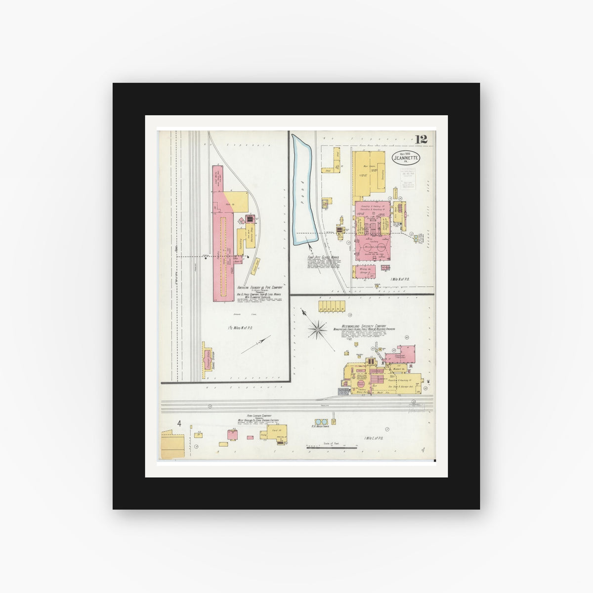 Old map wall art mockup — black gallery frame with white mat — Sanborn Fire Insurance Map from Jeannette, Westmoreland County, Pennsylvania (1900), Sheet #0012