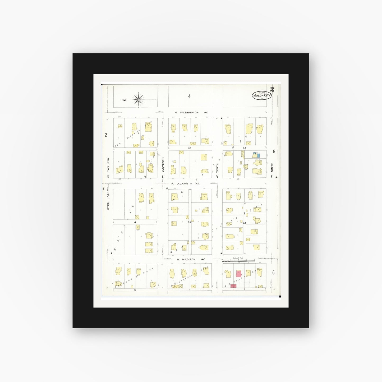 Old map wall art mockup — black gallery frame with white mat — Sanborn Fire Insurance Map from Mason City, Cerro Gordo County, Iowa (1909), Sheet #0003