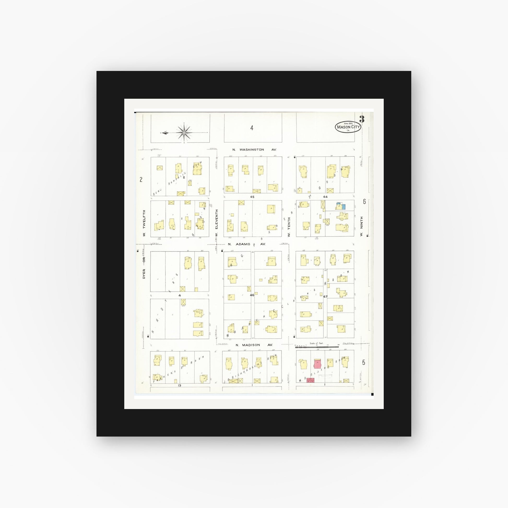 Old map wall art mockup — black gallery frame with white mat — Sanborn Fire Insurance Map from Mason City, Cerro Gordo County, Iowa (1909), Sheet #0003