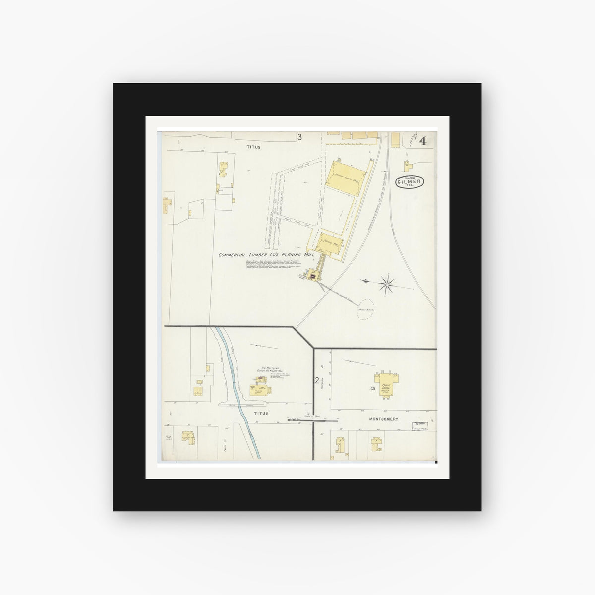Old map wall art mockup — black gallery frame with white mat — Sanborn Fire Insurance Map from Gilmer, Upshur County, Texas (1896), Sheet #0004