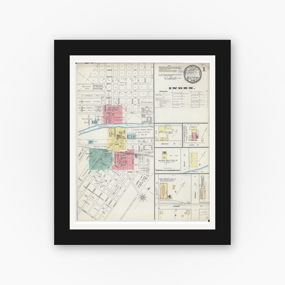 Old map wall art mockup — black gallery frame with white mat — Sanborn Fire Insurance Map from Belvidere, Boone County, Illinois (1892) - Complete Map Set