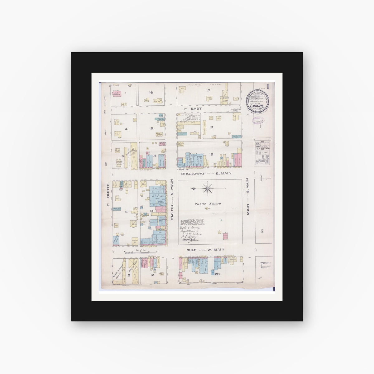 Old map wall art mockup — black gallery frame with white mat — Sanborn Fire Insurance Map from Lamar, Barton County, Missouri (1885) - Complete Map Set