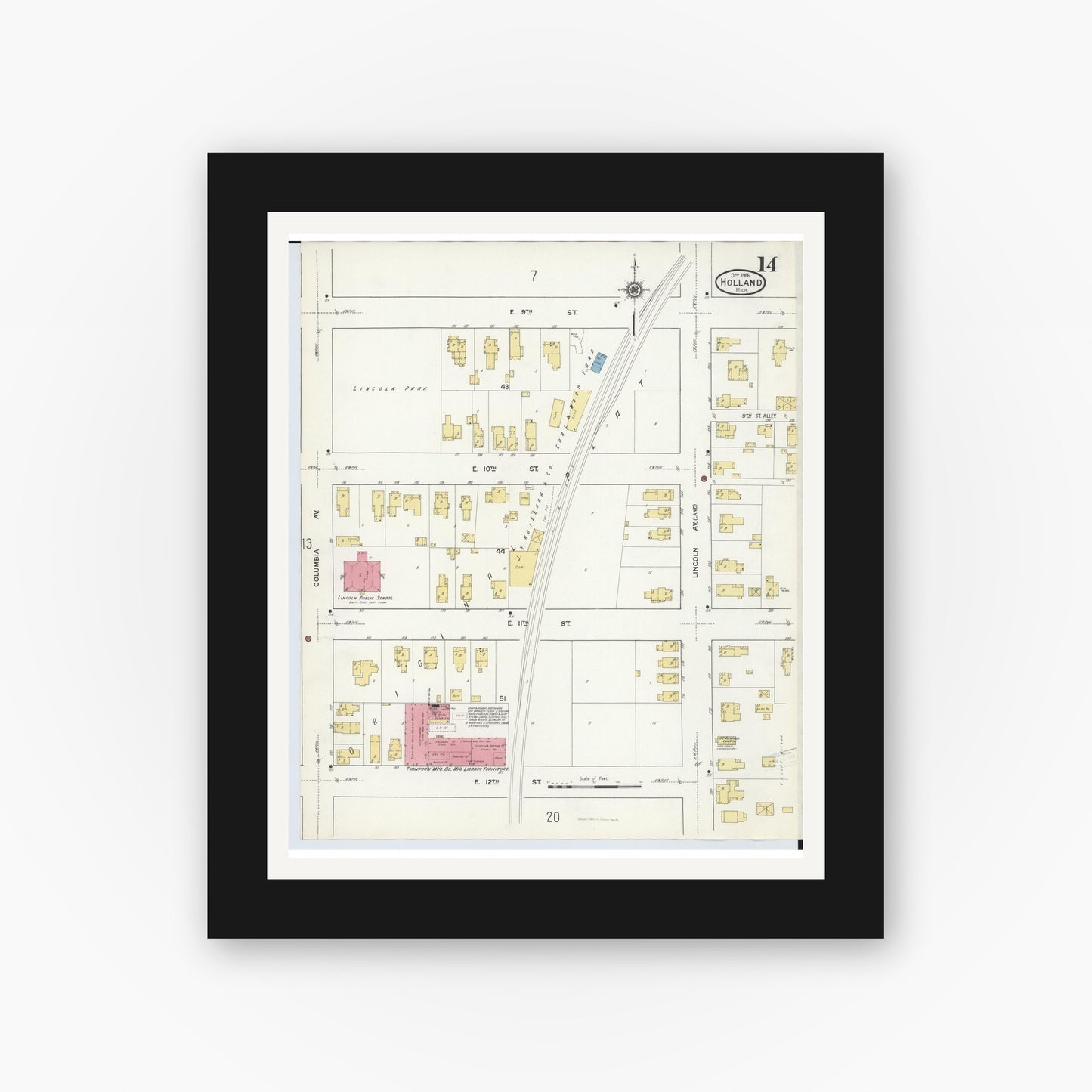 Old map wall art mockup — black gallery frame with white mat — Sanborn Fire Insurance Map from Holland, Ottawa County, Michigan (1916), Sheet #0014