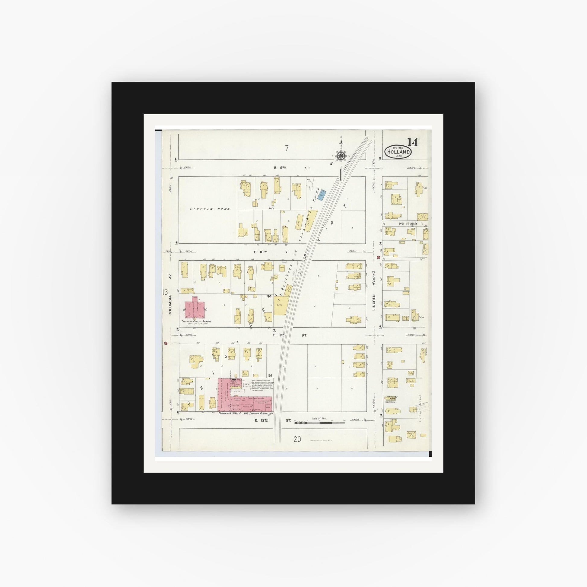 Old map wall art mockup — black gallery frame with white mat — Sanborn Fire Insurance Map from Holland, Ottawa County, Michigan (1916), Sheet #0014