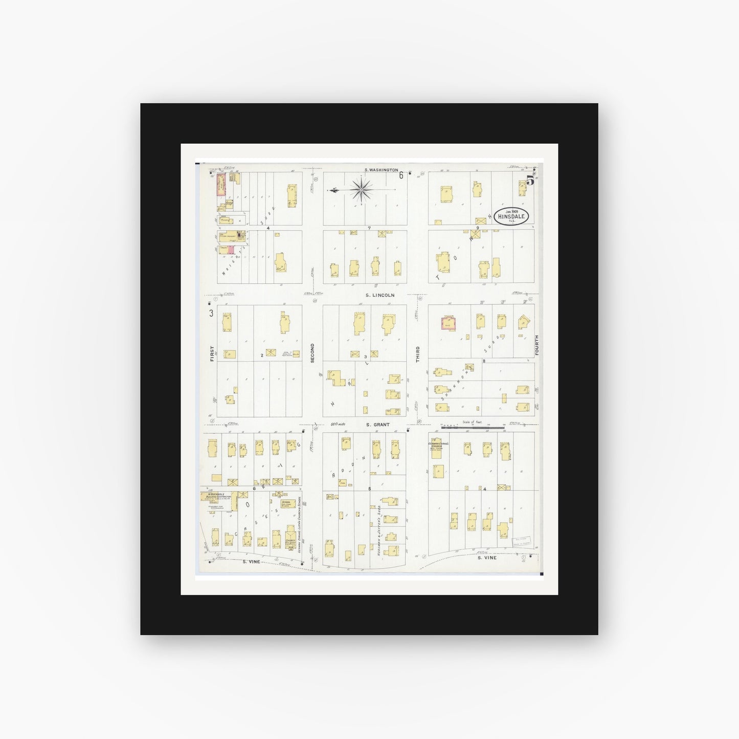 Old map wall art mockup — black gallery frame with white mat — Sanborn Fire Insurance Map from Hinsdale, Du Page And Cook Counties, Illinois (1909), Sheet #0005