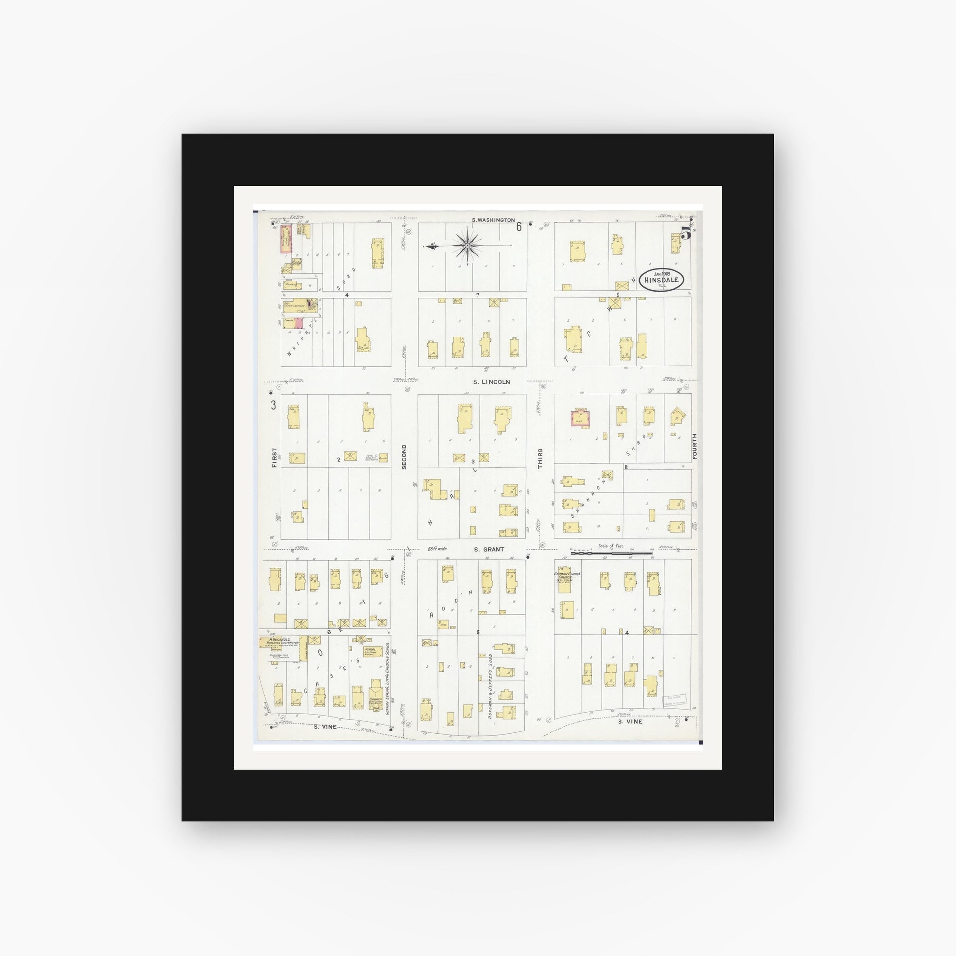 Old map wall art mockup — black gallery frame with white mat — Sanborn Fire Insurance Map from Hinsdale, Du Page And Cook Counties, Illinois (1909), Sheet #0005