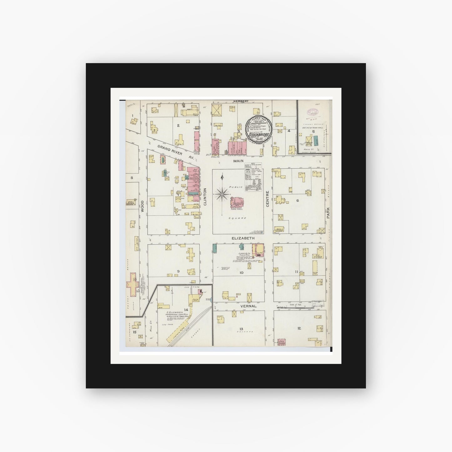 Old map wall art mockup — black gallery frame with white mat — Sanborn Fire Insurance Map from Stockbridge, Ingham County, Michigan (1893), Sheet #0001