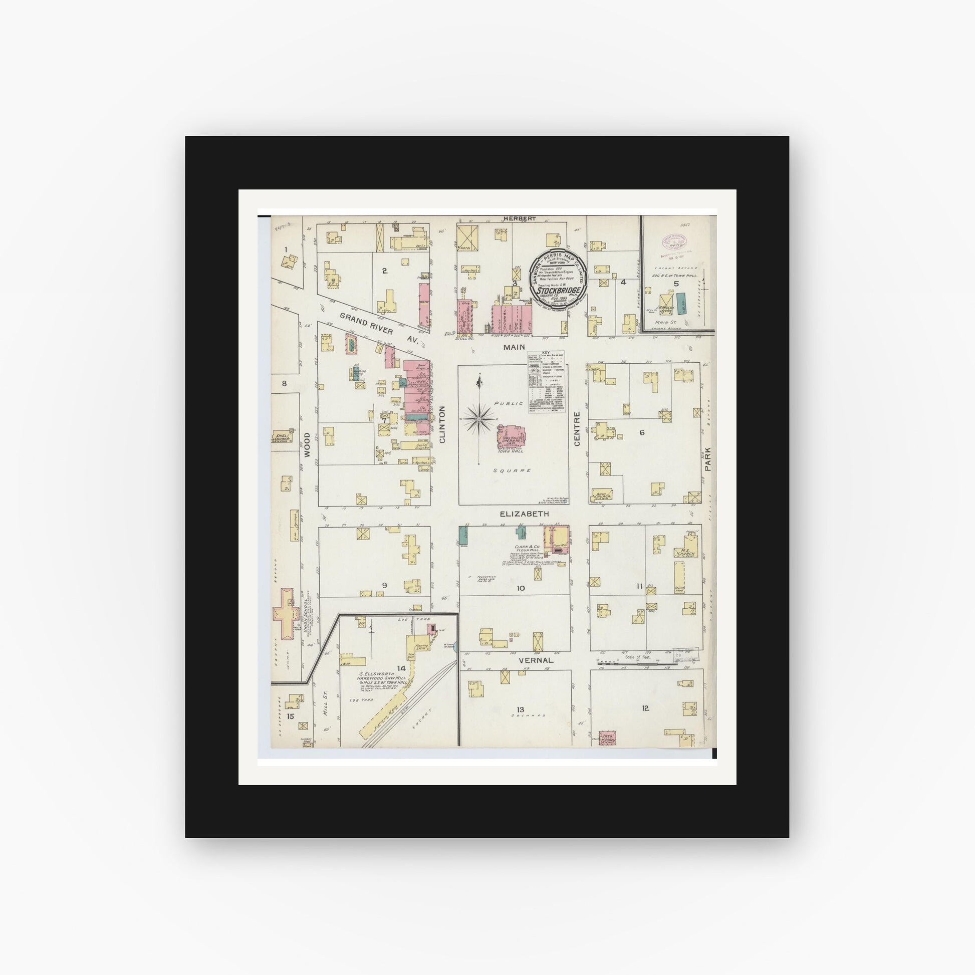 Old map wall art mockup — black gallery frame with white mat — Sanborn Fire Insurance Map from Stockbridge, Ingham County, Michigan (1893), Sheet #0001