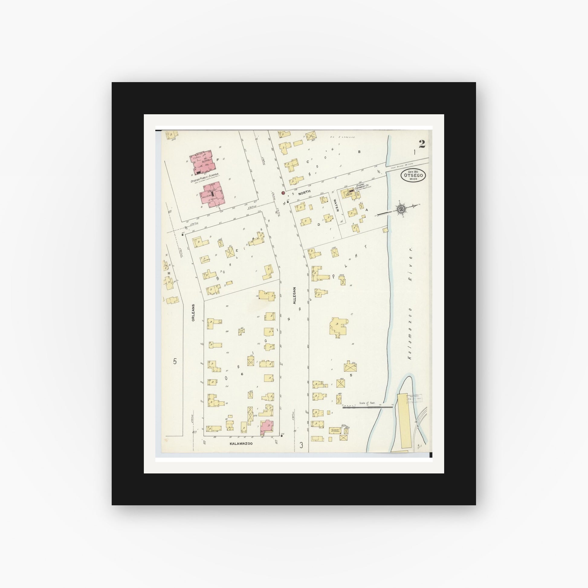 Old map wall art mockup — black gallery frame with white mat — Sanborn Fire Insurance Map from Otsego, Allegan County, Michigan (1911), Sheet #0002