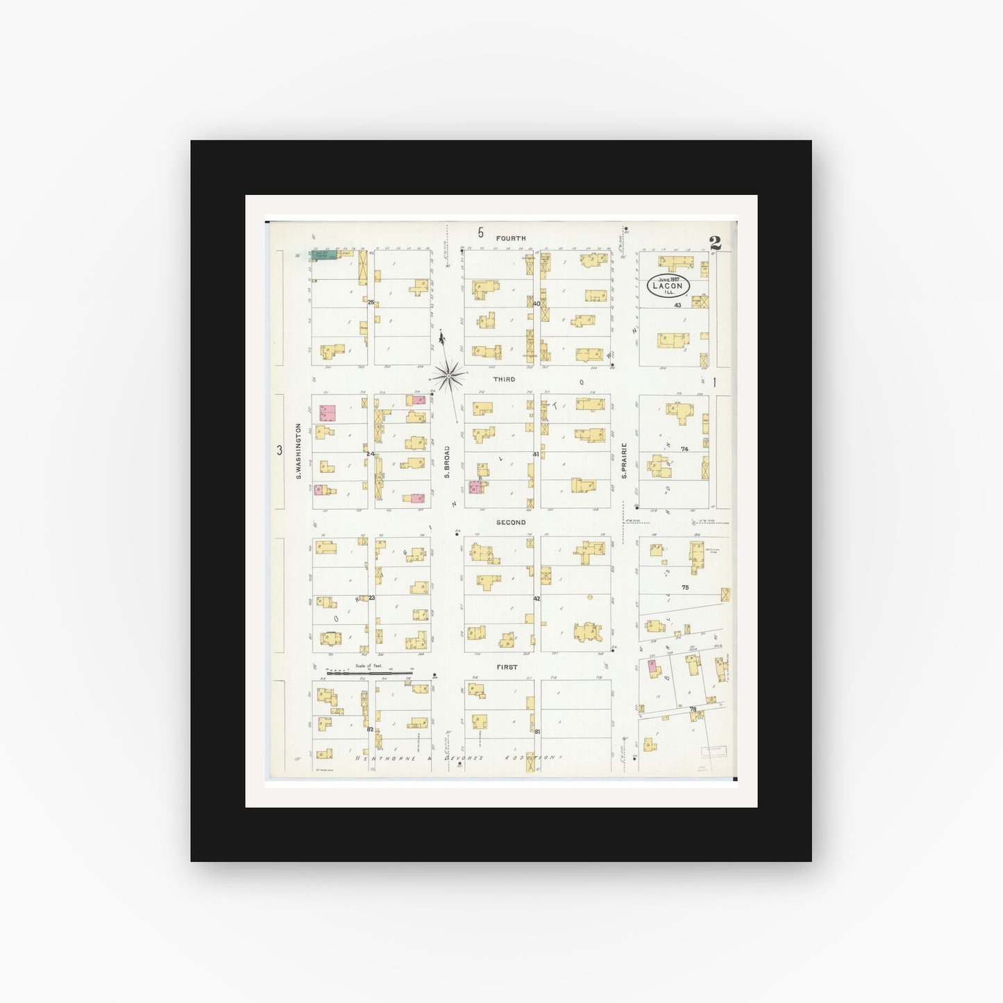 Old map wall art mockup — black gallery frame with white mat — Sanborn Fire Insurance Map from Lacon, Marshall County, Illinois (1907), Sheet #0002
