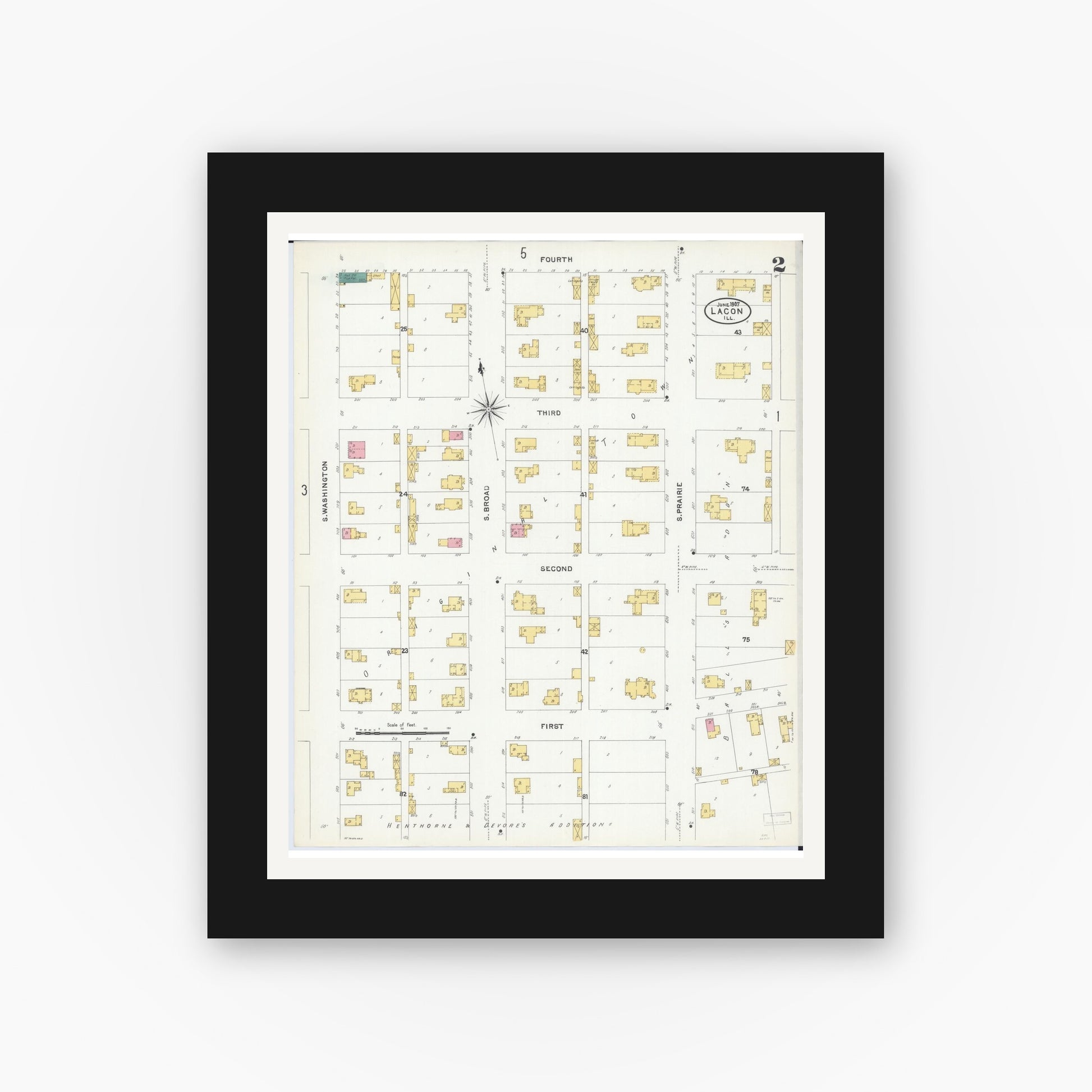 Old map wall art mockup — black gallery frame with white mat — Sanborn Fire Insurance Map from Lacon, Marshall County, Illinois (1907), Sheet #0002