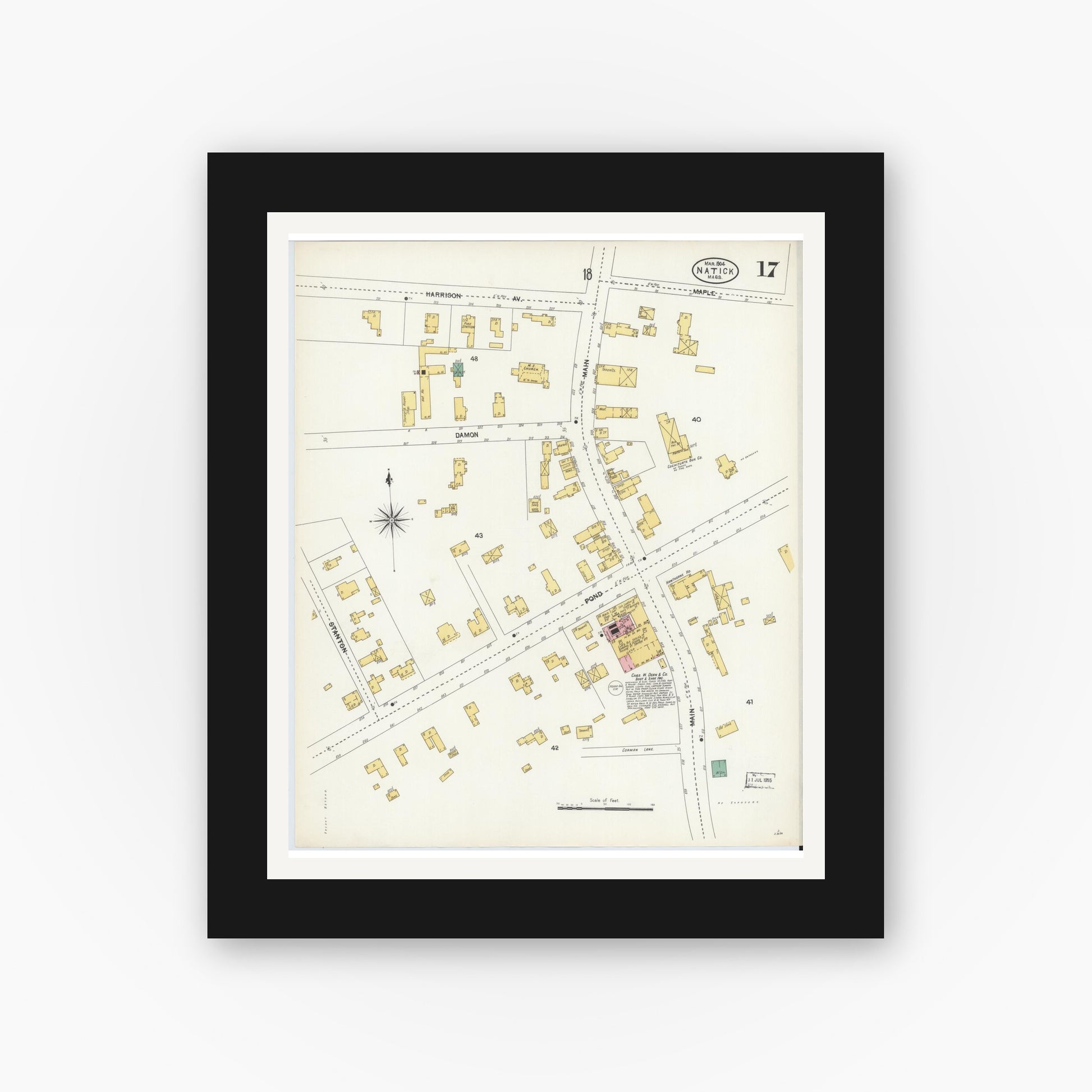 Old map wall art mockup — black gallery frame with white mat — Sanborn Fire Insurance Map from Natick, Middlesex County, Massachusetts (1904), Sheet #0017