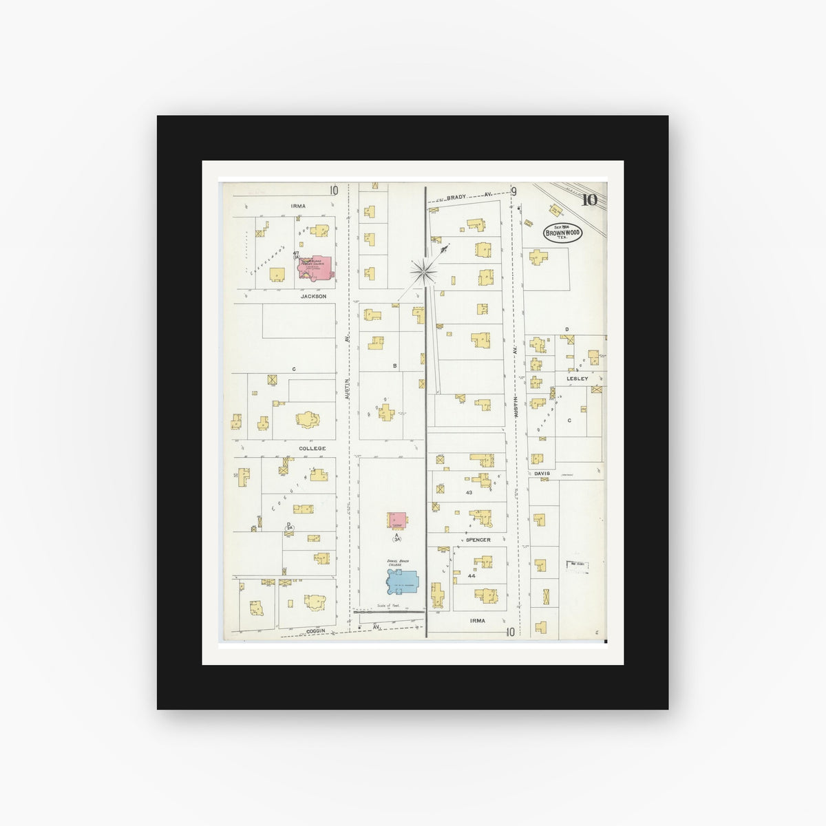 Old map wall art mockup — black gallery frame with white mat — Sanborn Fire Insurance Map from Brownwood, Brown County, Texas (1904), Sheet #0010