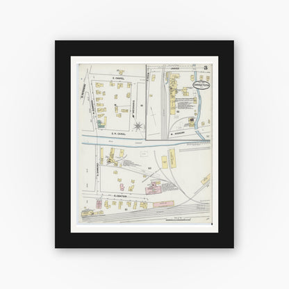 Old map wall art mockup — black gallery frame with white mat — Sanborn Fire Insurance Map from Canastota, Madison County, New York (1890), Sheet #0003