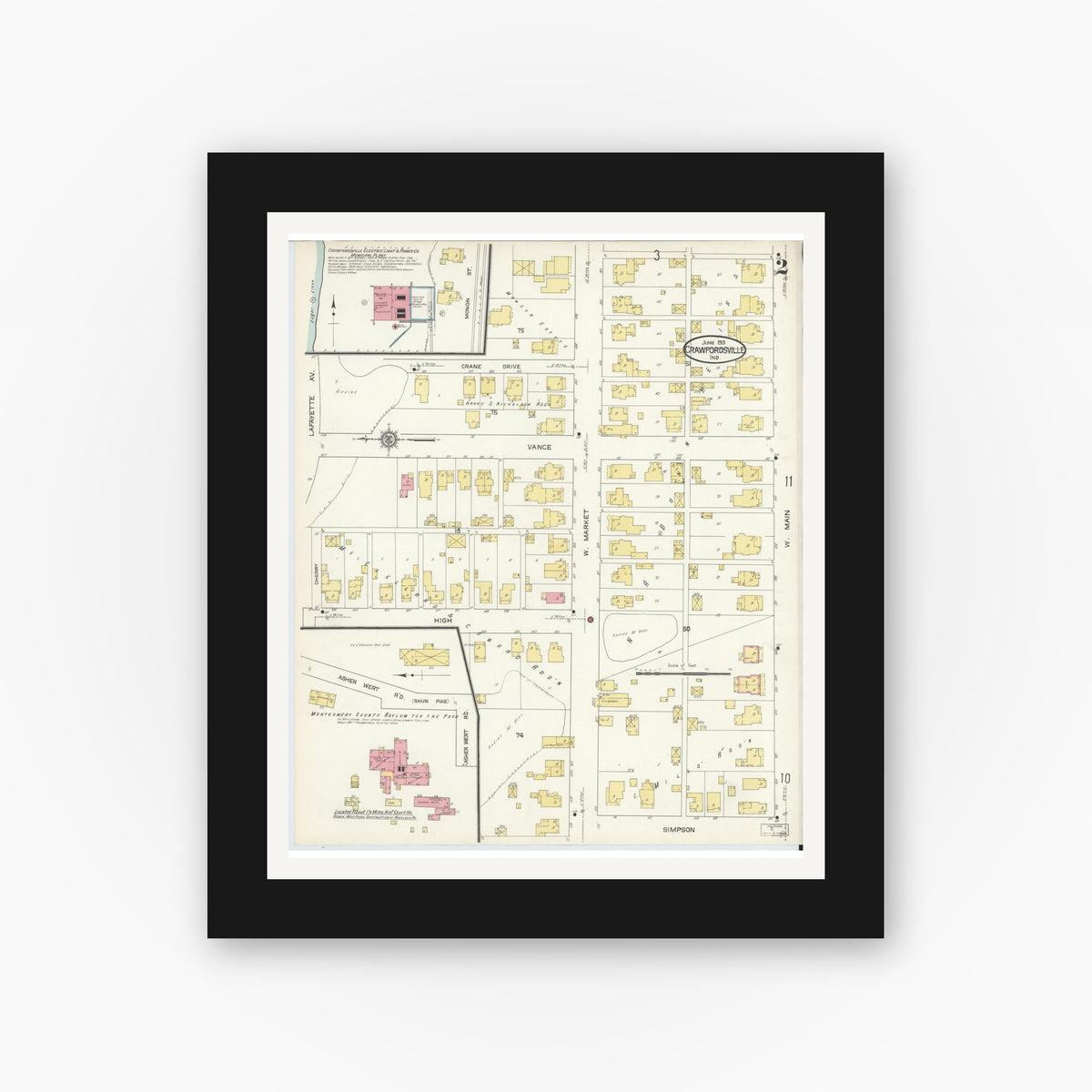 Old map wall art mockup — black gallery frame with white mat — Sanborn Fire Insurance Map from Crawfordsville, Montgomery County, Indiana (1913), Sheet #0002