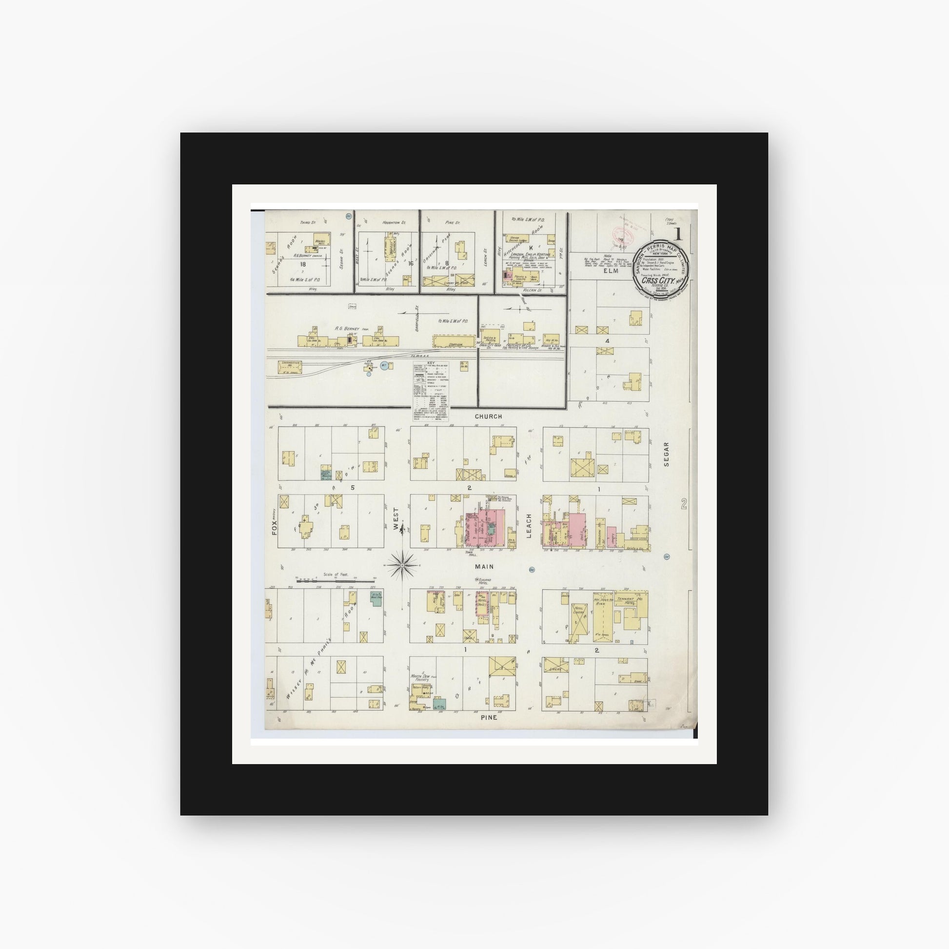 Old map wall art mockup — black gallery frame with white mat — Sanborn Fire Insurance Map from Cass City, Tuscola County, Michigan (1894) - Complete Map Set