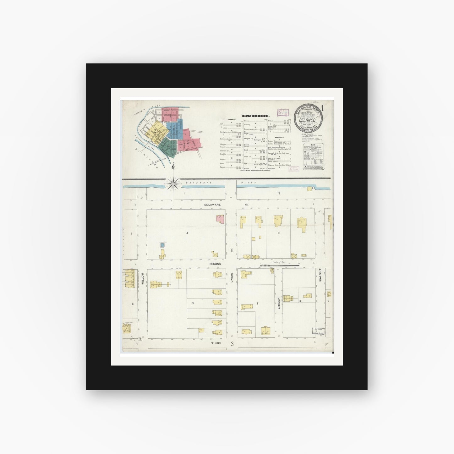 Old map wall art mockup — black gallery frame with white mat — Sanborn Fire Insurance Map from Delanco, Burlington County, New Jersey (1909), Sheet #0001