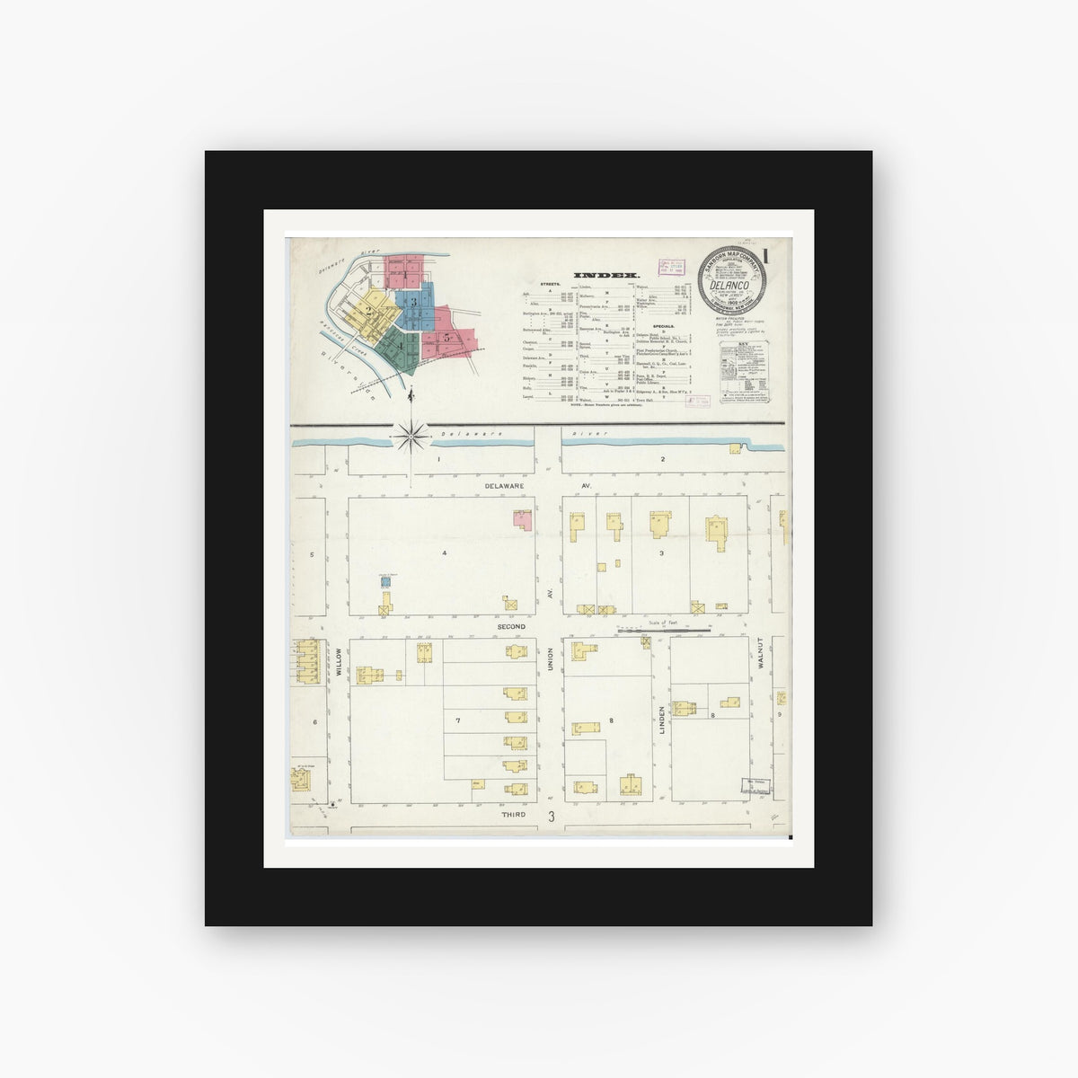 Old map wall art mockup — black gallery frame with white mat — Sanborn Fire Insurance Map from Delanco, Burlington County, New Jersey (1909), Sheet #0001