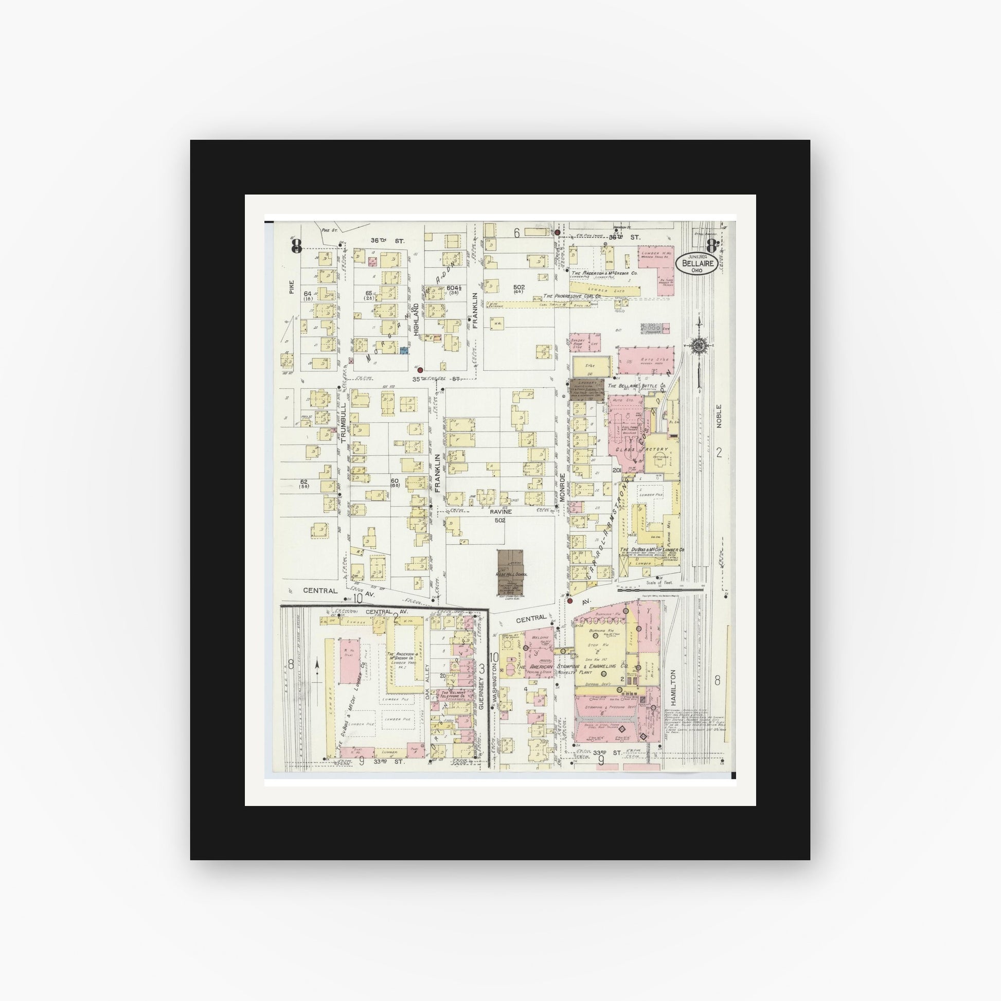 Old map wall art mockup — black gallery frame with white mat — Sanborn Fire Insurance Map from Bellaire, Belmont County, Ohio (1924), Sheet #0008