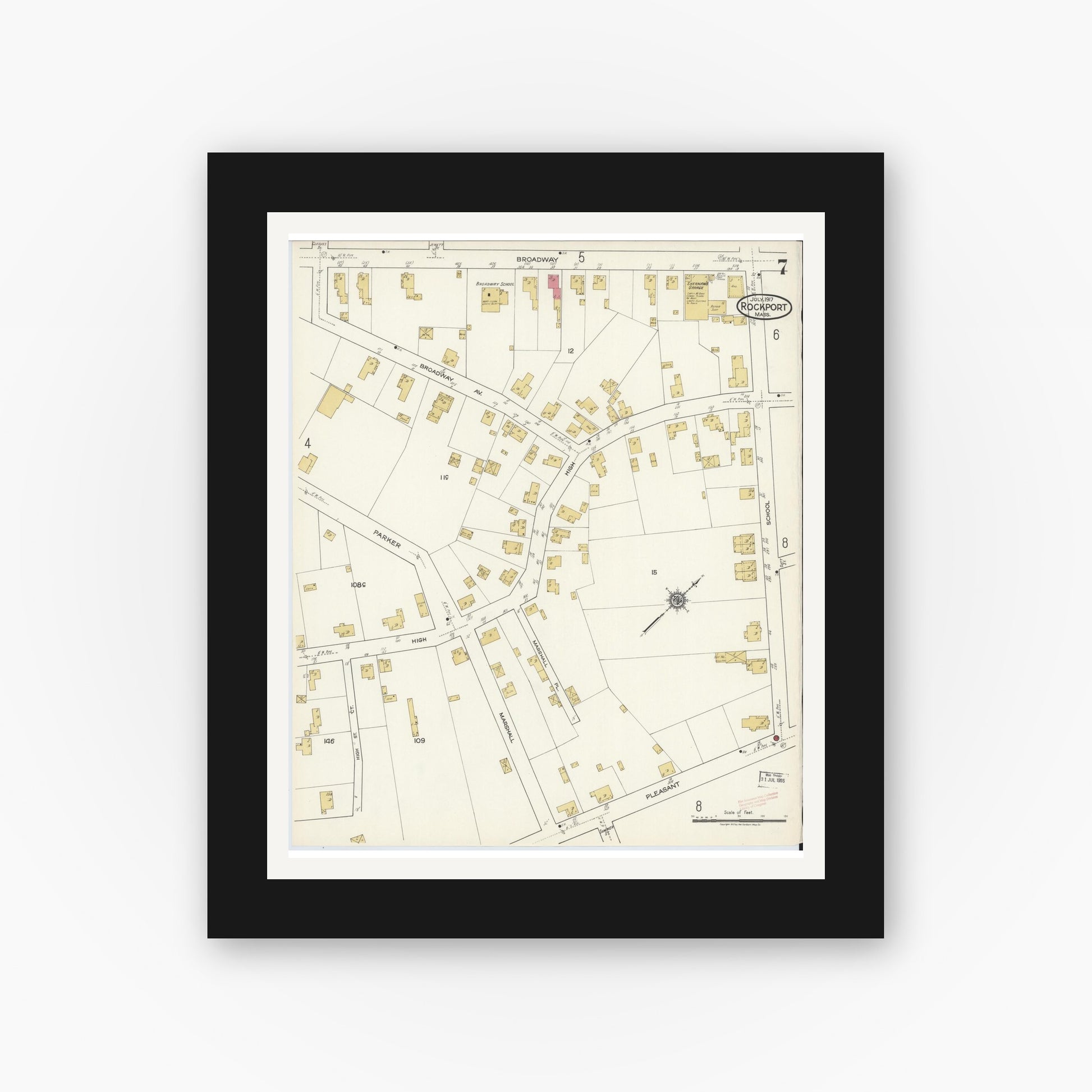 Old map wall art mockup — black gallery frame with white mat — Sanborn Fire Insurance Map from Rockport, Essex County, Massachusetts (1917), Sheet #0007