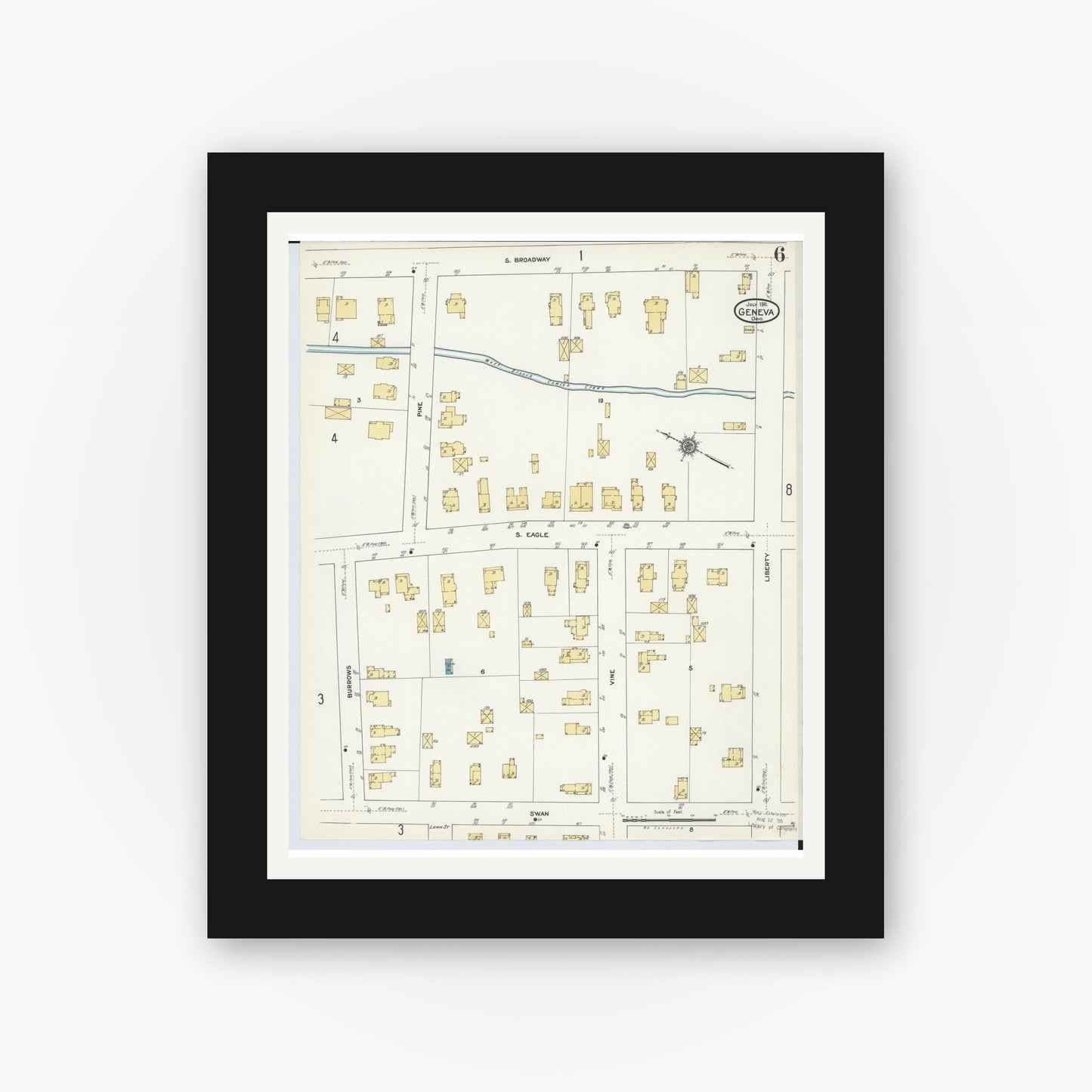 Old map wall art mockup — black gallery frame with white mat — Sanborn Fire Insurance Map from Geneva, Ashtabula County, Ohio (1911), Sheet #0006