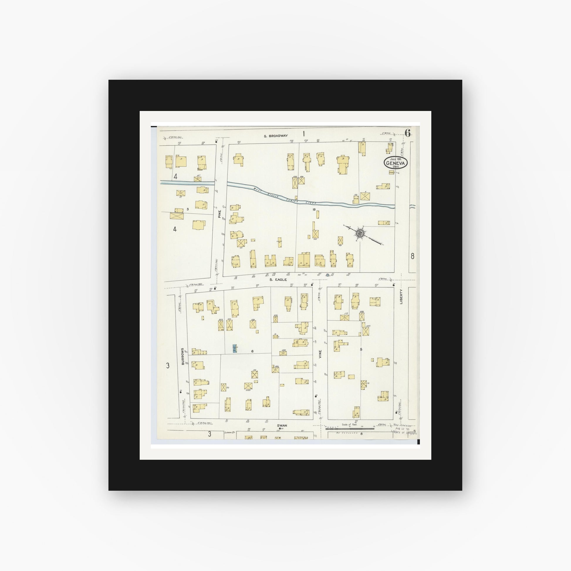 Old map wall art mockup — black gallery frame with white mat — Sanborn Fire Insurance Map from Geneva, Ashtabula County, Ohio (1911), Sheet #0006