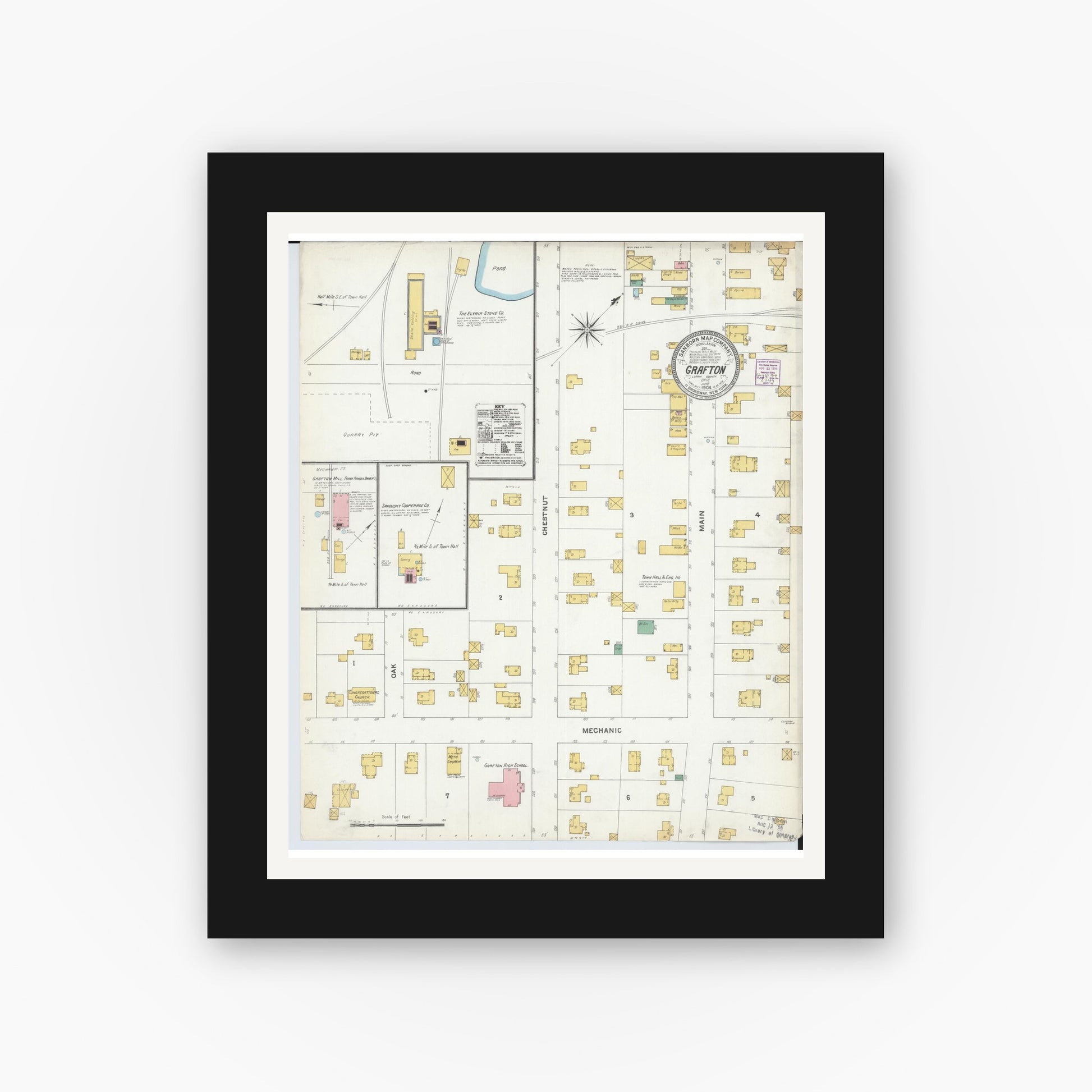 Old map wall art mockup — black gallery frame with white mat — Sanborn Fire Insurance Map from Grafton, Lorain County, Ohio (1904), Sheet #0001