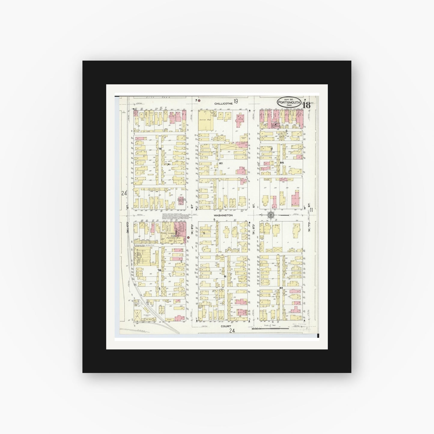 Old map wall art mockup — black gallery frame with white mat — Sanborn Fire Insurance Map from Portsmouth, Scioto County, Ohio (1911), Sheet #0018