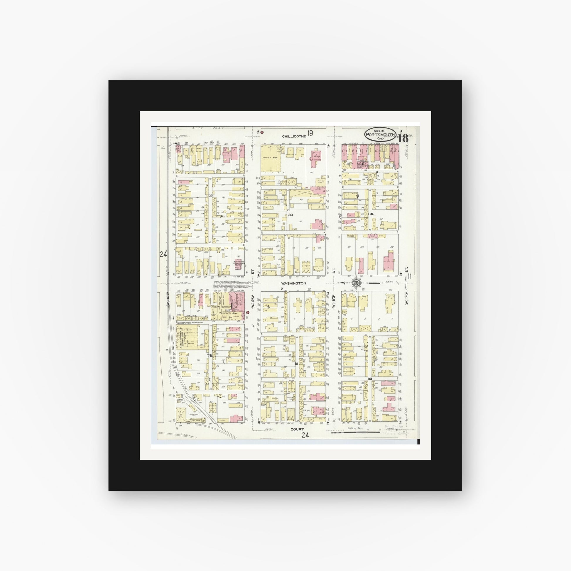 Old map wall art mockup — black gallery frame with white mat — Sanborn Fire Insurance Map from Portsmouth, Scioto County, Ohio (1911), Sheet #0018