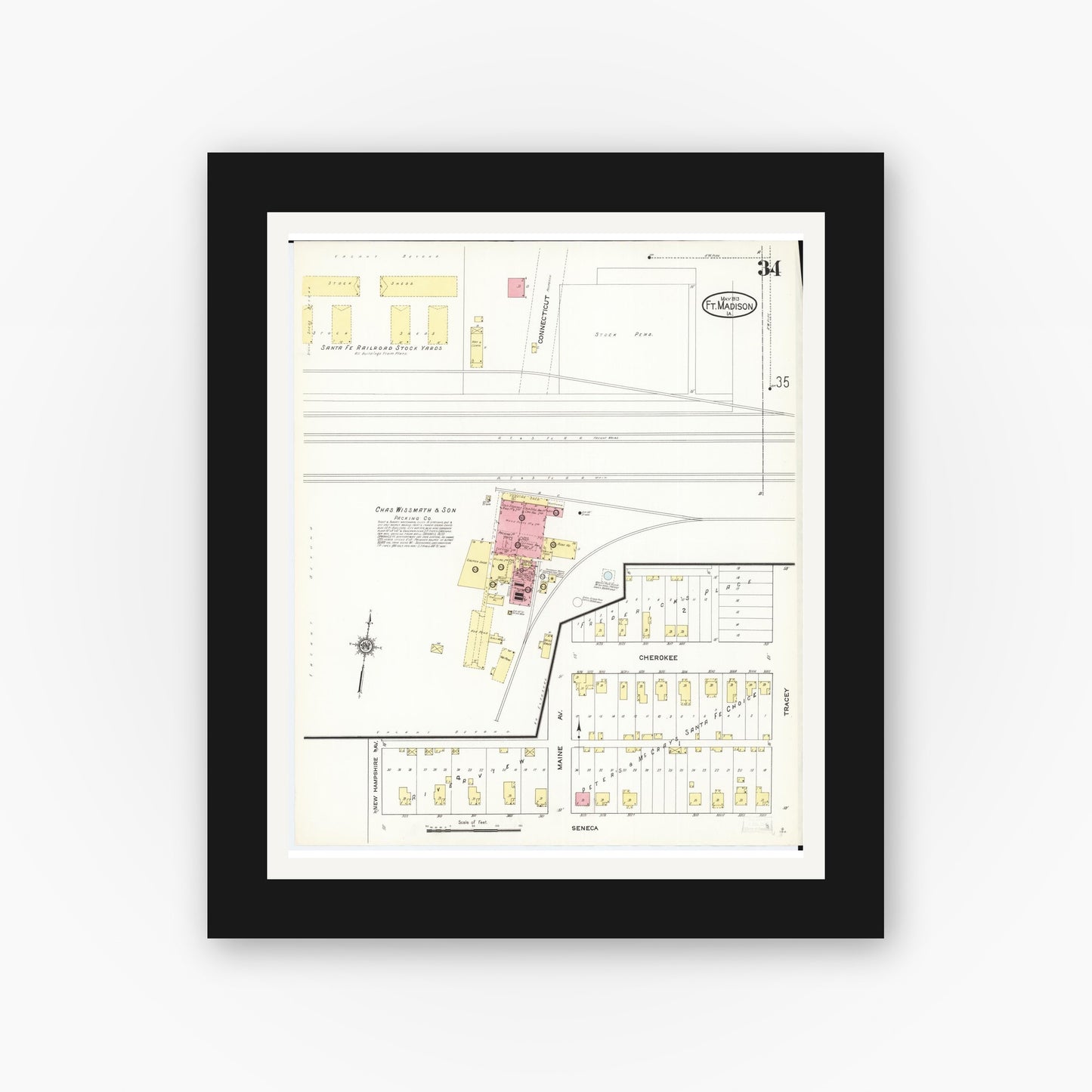 Old map wall art mockup — black gallery frame with white mat — Sanborn Fire Insurance Map from Fort Madison, Lee County, Iowa (1913), Sheet #0034