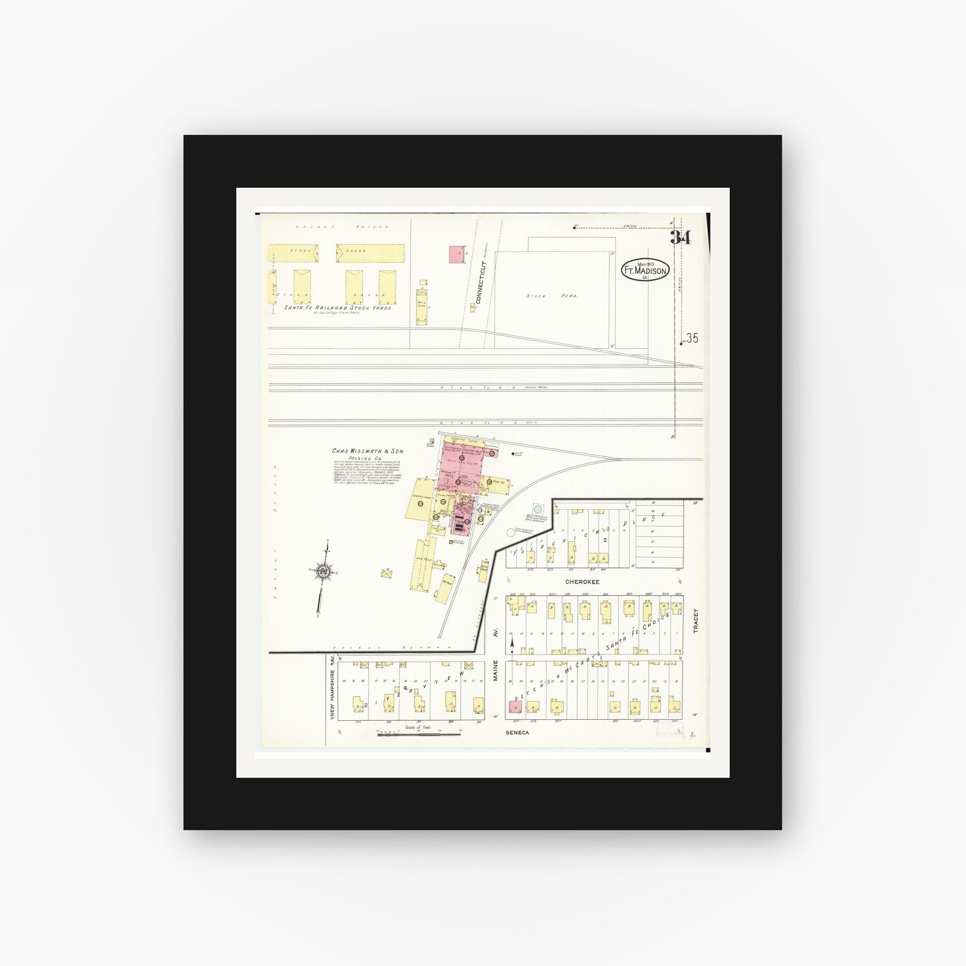 Old map wall art mockup — black gallery frame with white mat — Sanborn Fire Insurance Map from Fort Madison, Lee County, Iowa (1913), Sheet #0034
