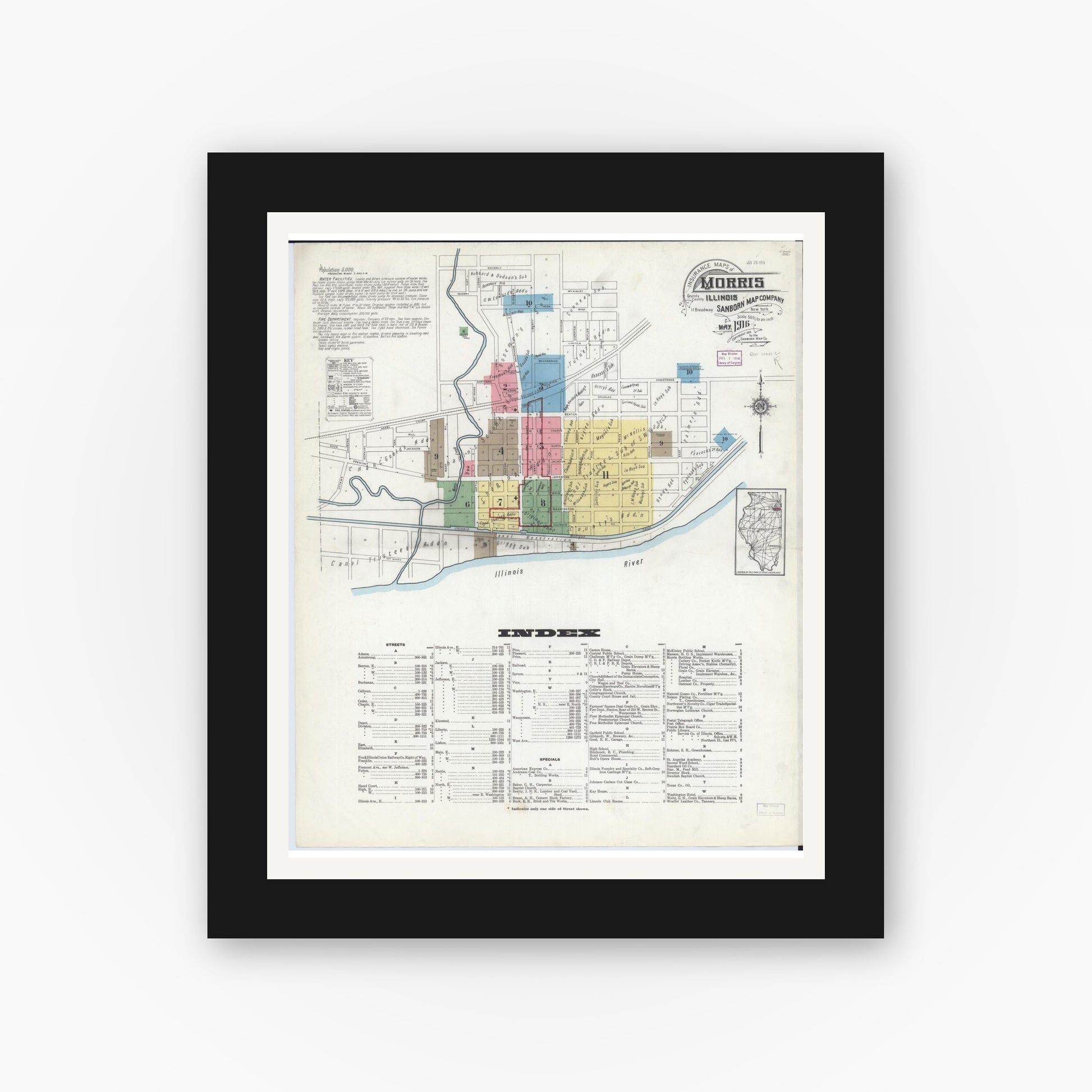 Old map wall art mockup — black gallery frame with white mat — Sanborn Fire Insurance Map from Morris, Grundy County, Illinois (1916), Sheet #0001