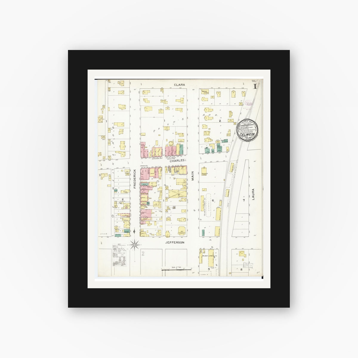 Old map wall art mockup — black gallery frame with white mat — Sanborn Fire Insurance Map from Oelwein, Fayette County, Iowa (1894), Sheet #0001