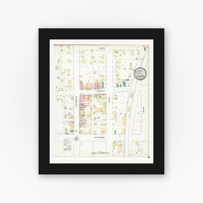 Old map wall art mockup — black gallery frame with white mat — Sanborn Fire Insurance Map from Oelwein, Fayette County, Iowa (1894), Sheet #0001