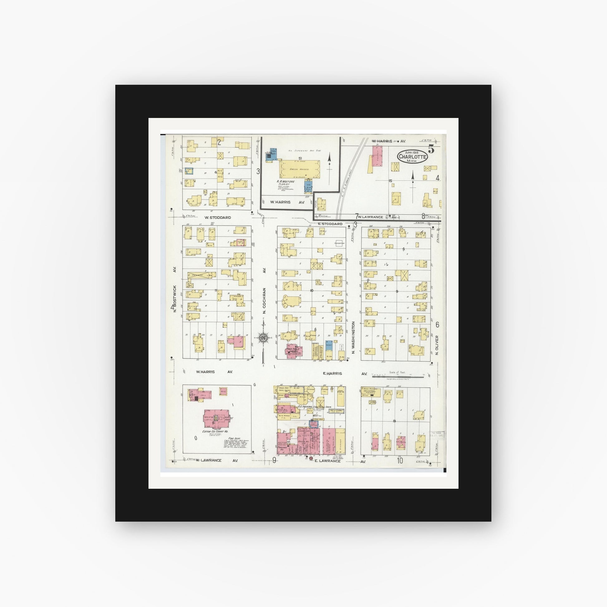 Old map wall art mockup — black gallery frame with white mat — Sanborn Fire Insurance Map from Charlotte, Eaton County, Michigan (1918), Sheet #0005