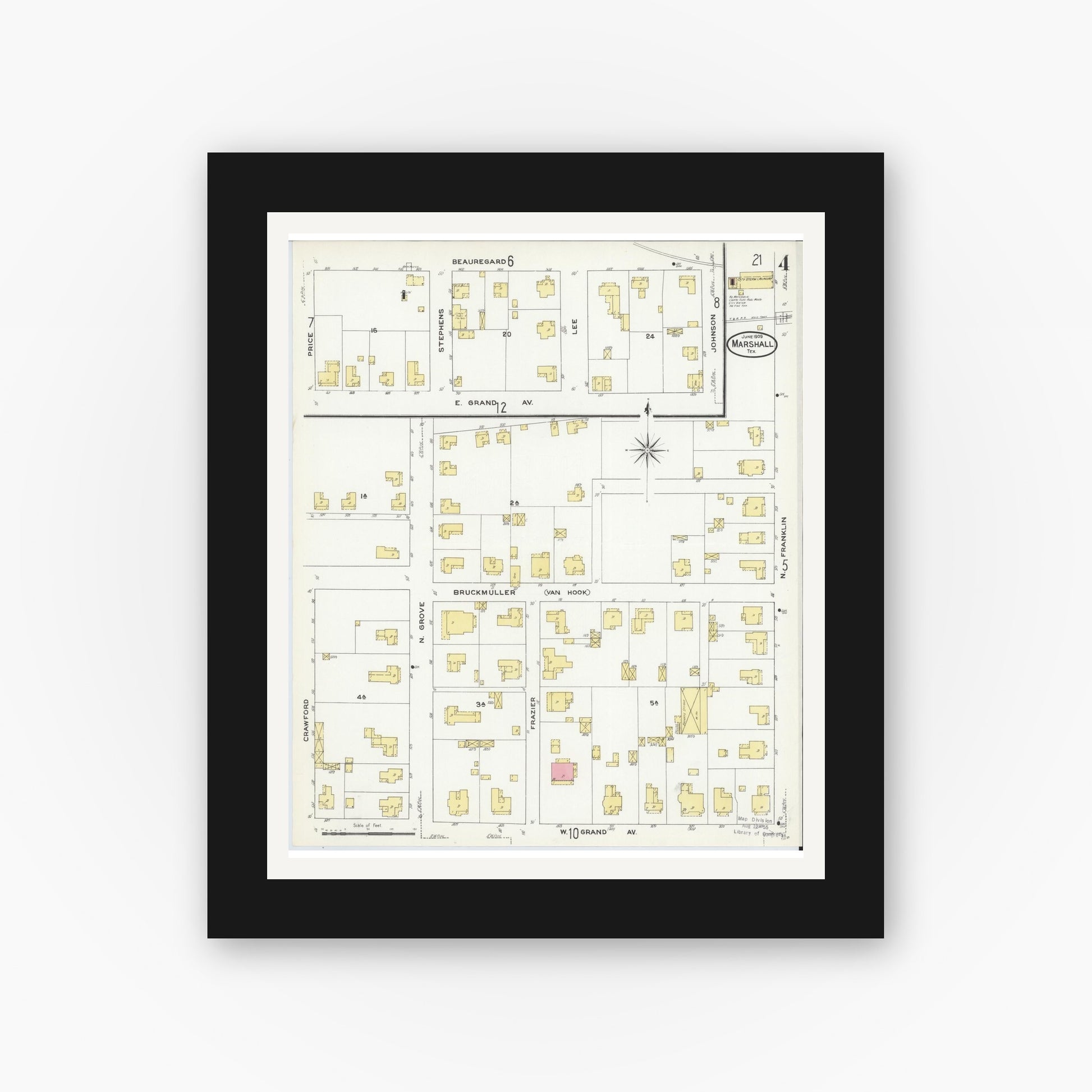 Old map wall art mockup — black gallery frame with white mat — Sanborn Fire Insurance Map from Marshall, Harrison County, Texas (1909), Sheet #0004