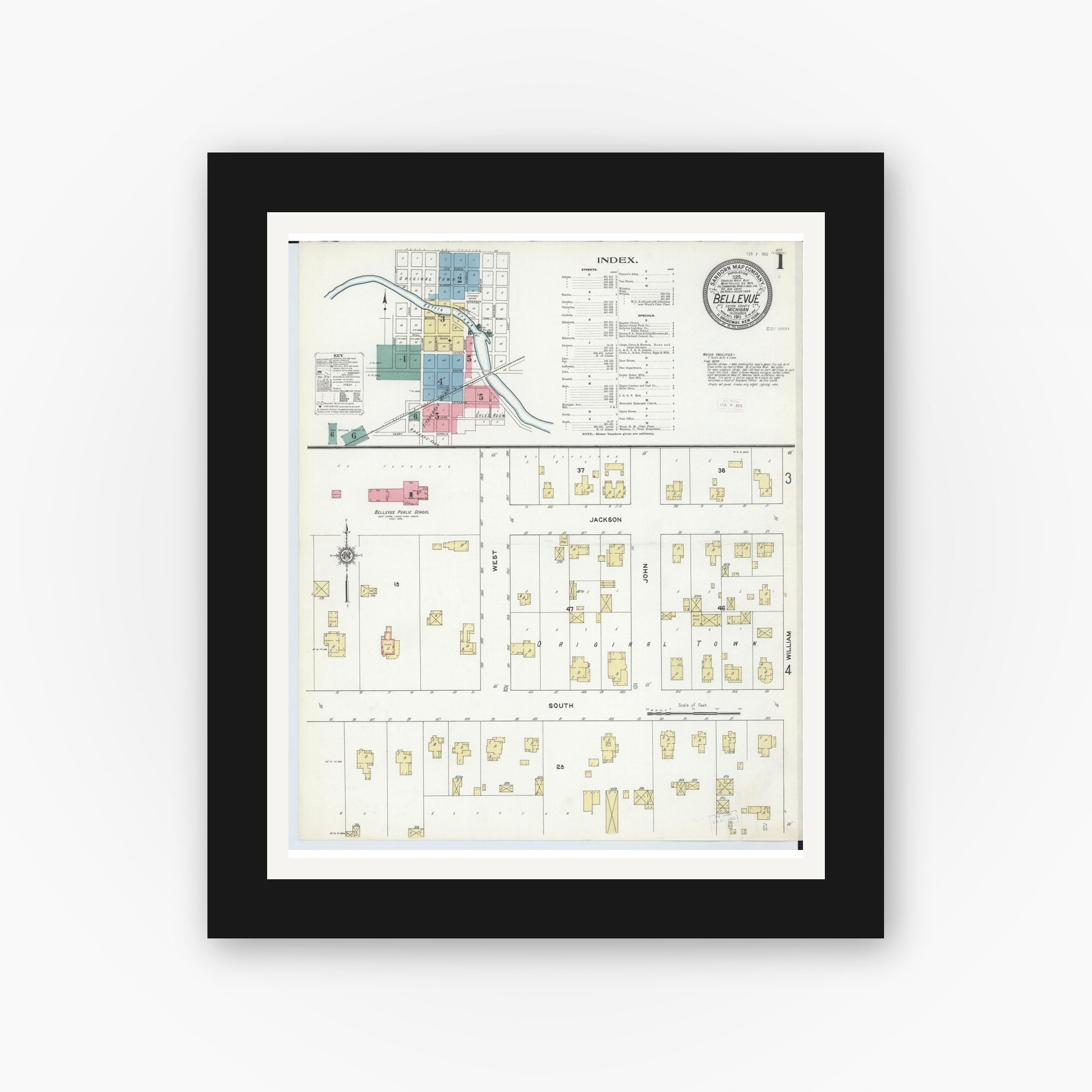 Old map wall art mockup — black gallery frame with white mat — Sanborn Fire Insurance Map from Bellevue, Eaton County, Michigan (1911) - Complete Map Set
