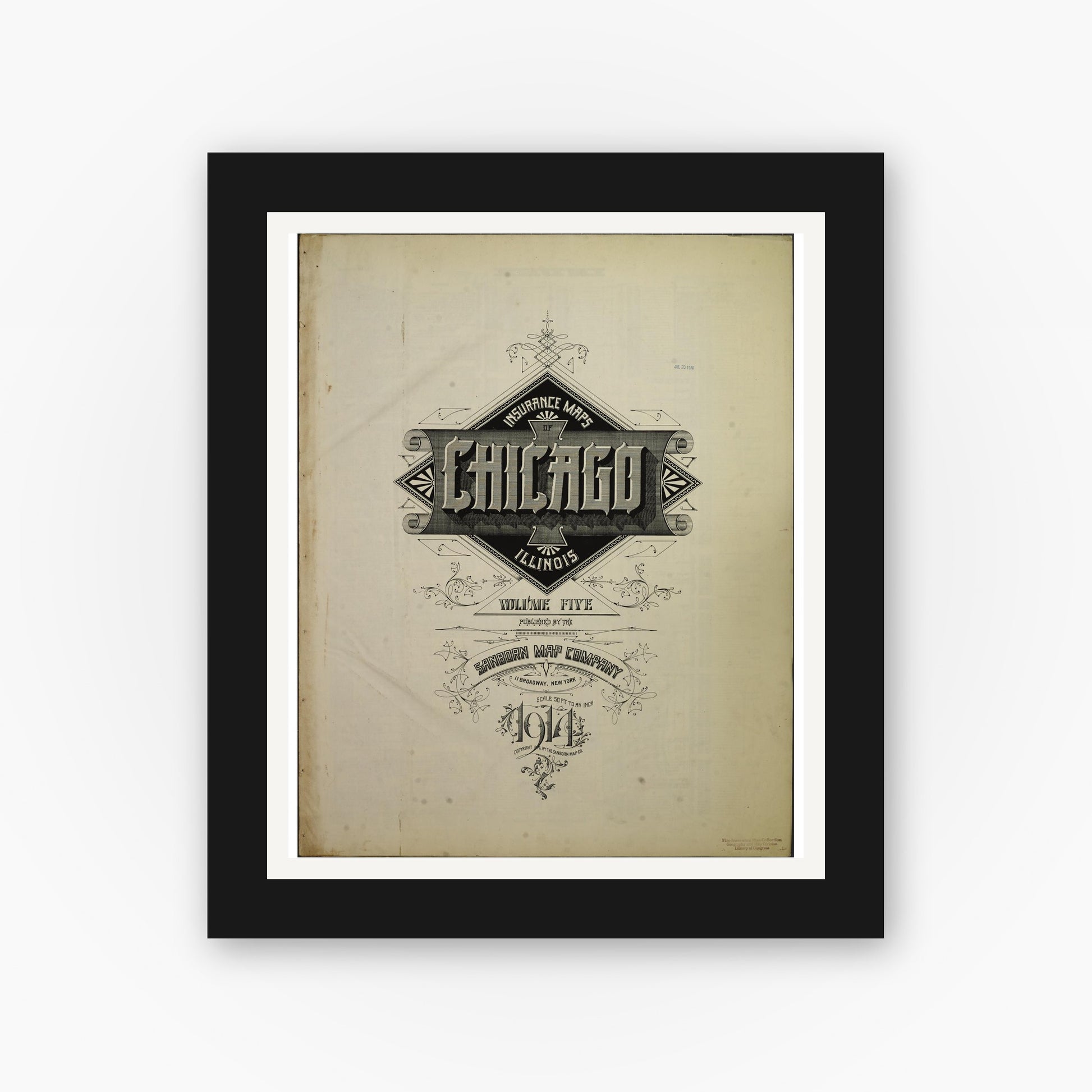 Old map wall art mockup — black gallery frame with white mat — Sanborn Fire Insurance Map from Chicago, Cook County, Illinois (1914), Sheet #0001